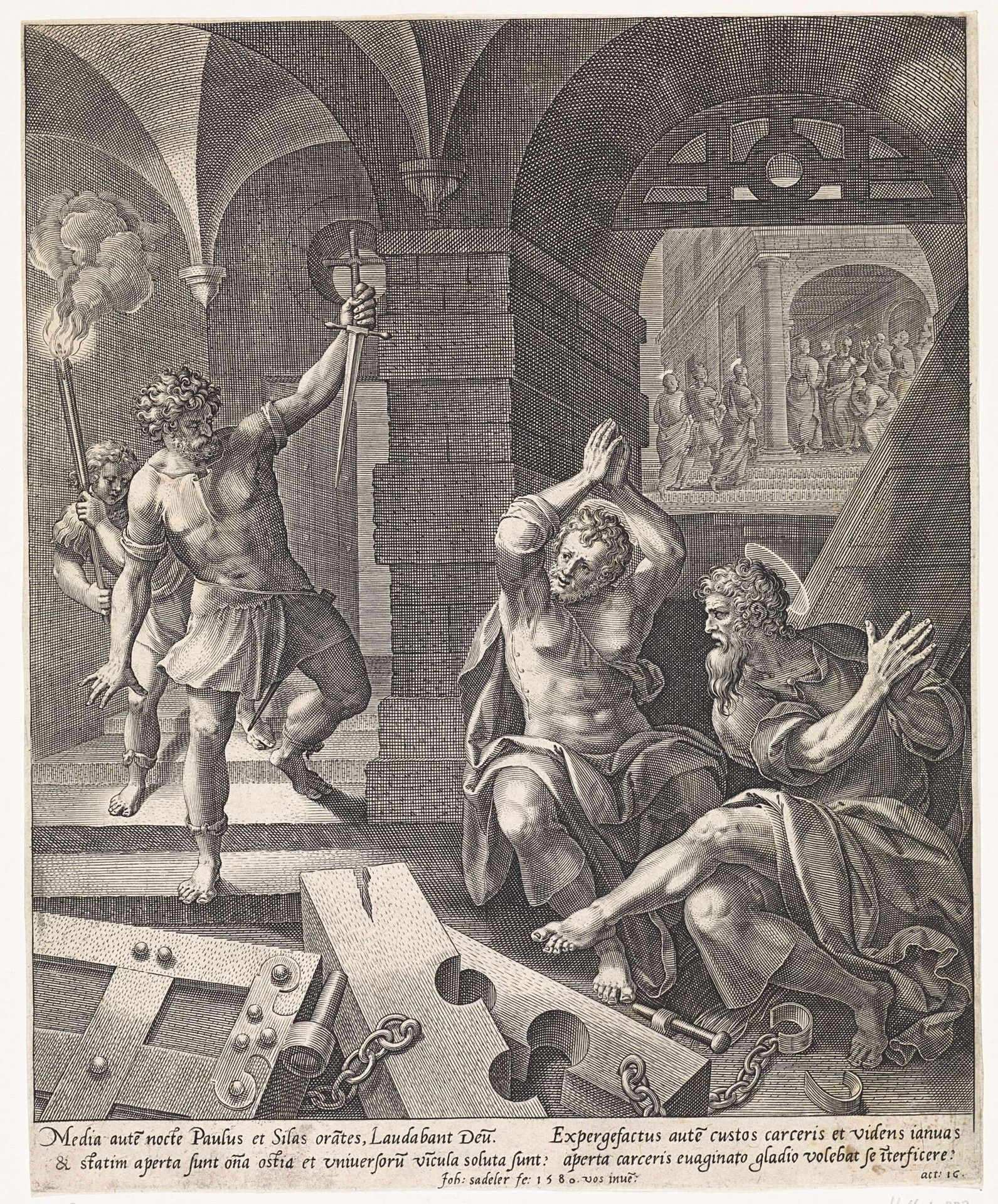Bekering van de gevangenenbewaarder van Filippi by Johann Sadeler I