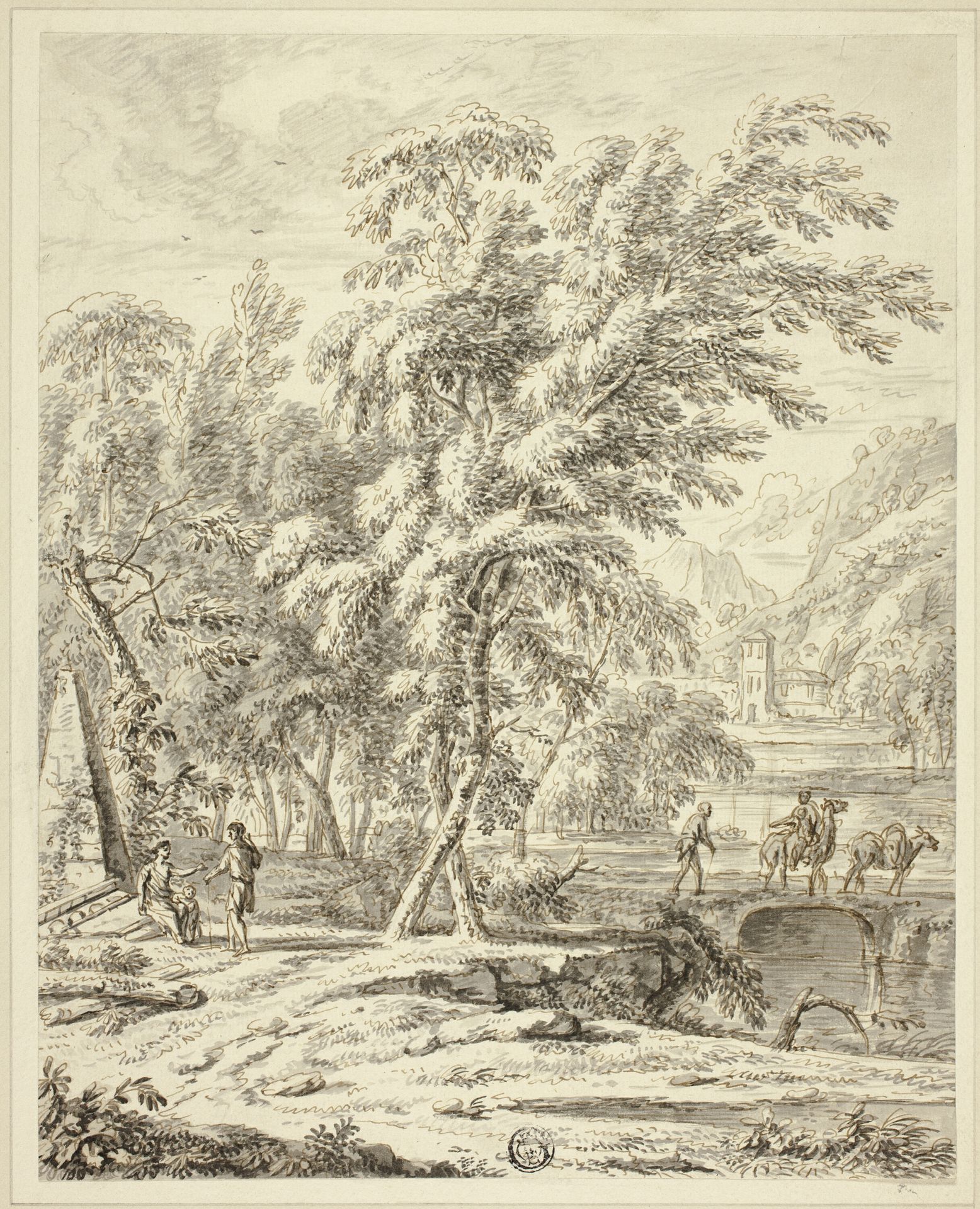 Italianate Landscape with Figures Crossing Bridge by Heinrich Meyeringh