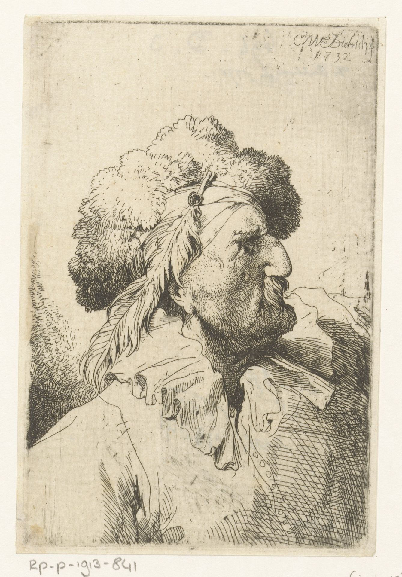 Man met bontmuts en veer by Christian Wilhelm Ernst Dietrich