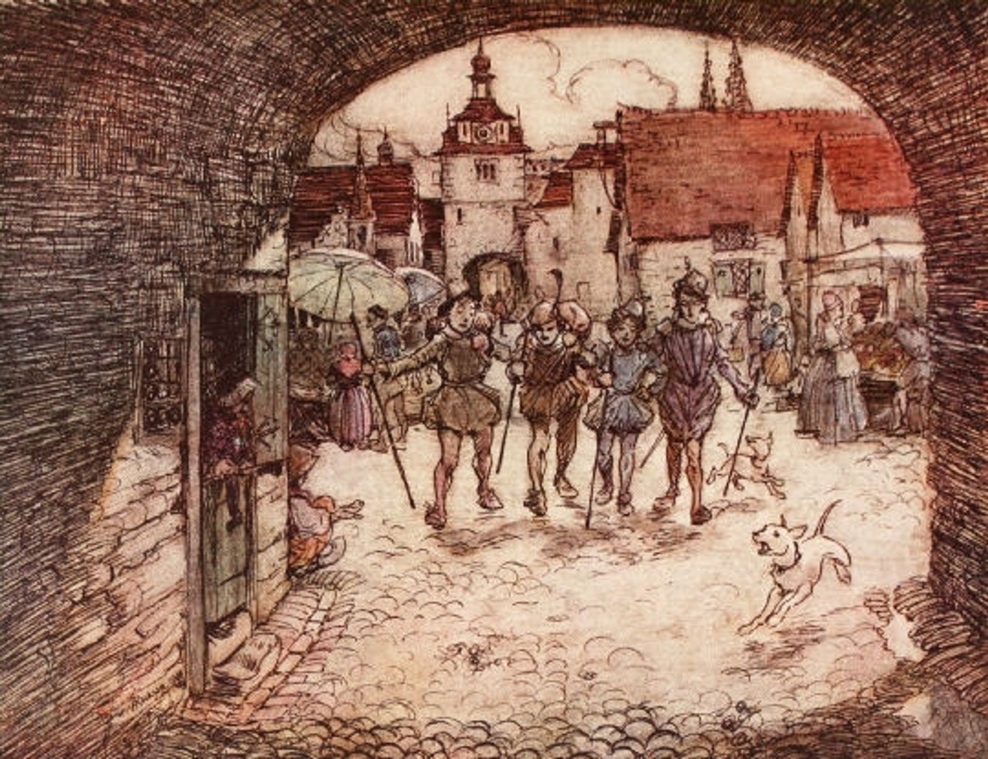 So the four Brothers took their sticks in their hands, bade their Father good-bye, and passed out of the town gate by Arthur Rackham