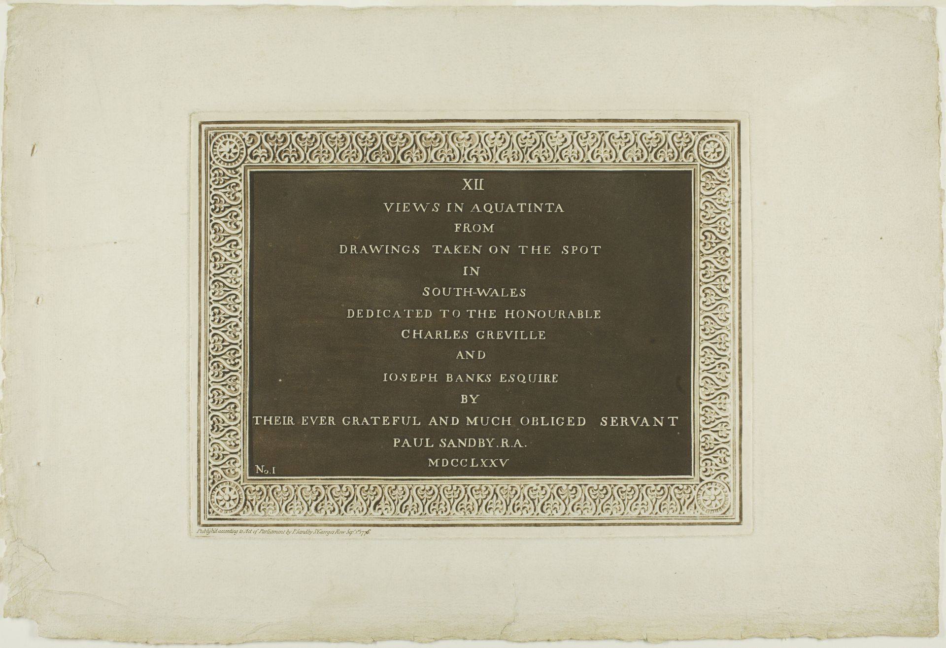 Title Page, from Twelve Views in Aquatinta from Drawings taken on the Spot in South Wales by Paul Sandby