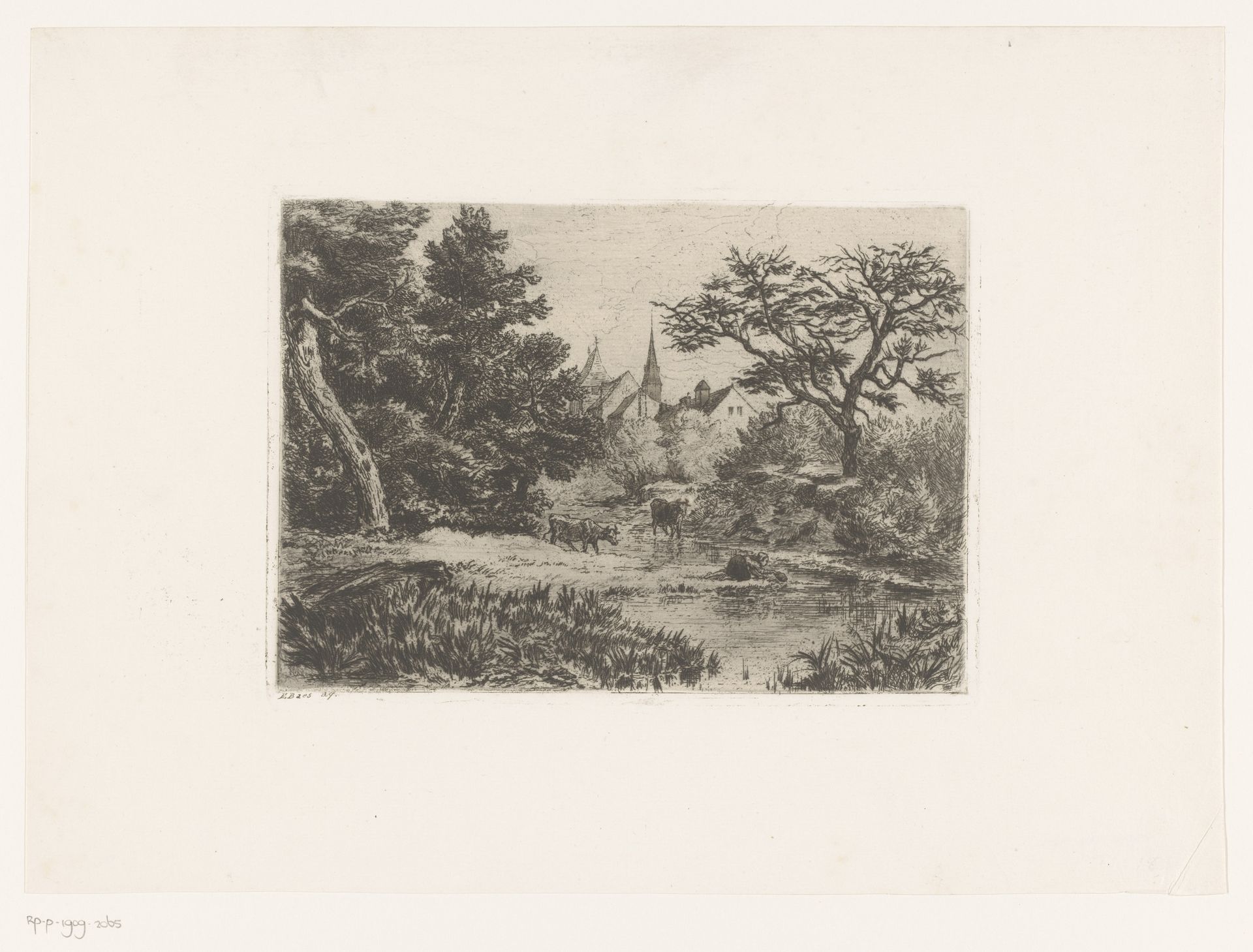 Landschap met een vrouw die water uit de beek schept by Edgar Alfred Baes