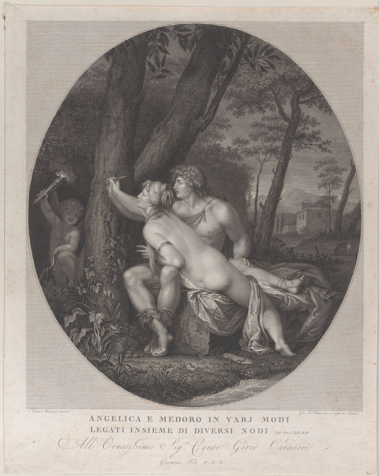 Angelica lying across the lap of Medoro and writes their names on a tree trunk by Giovanni Folo