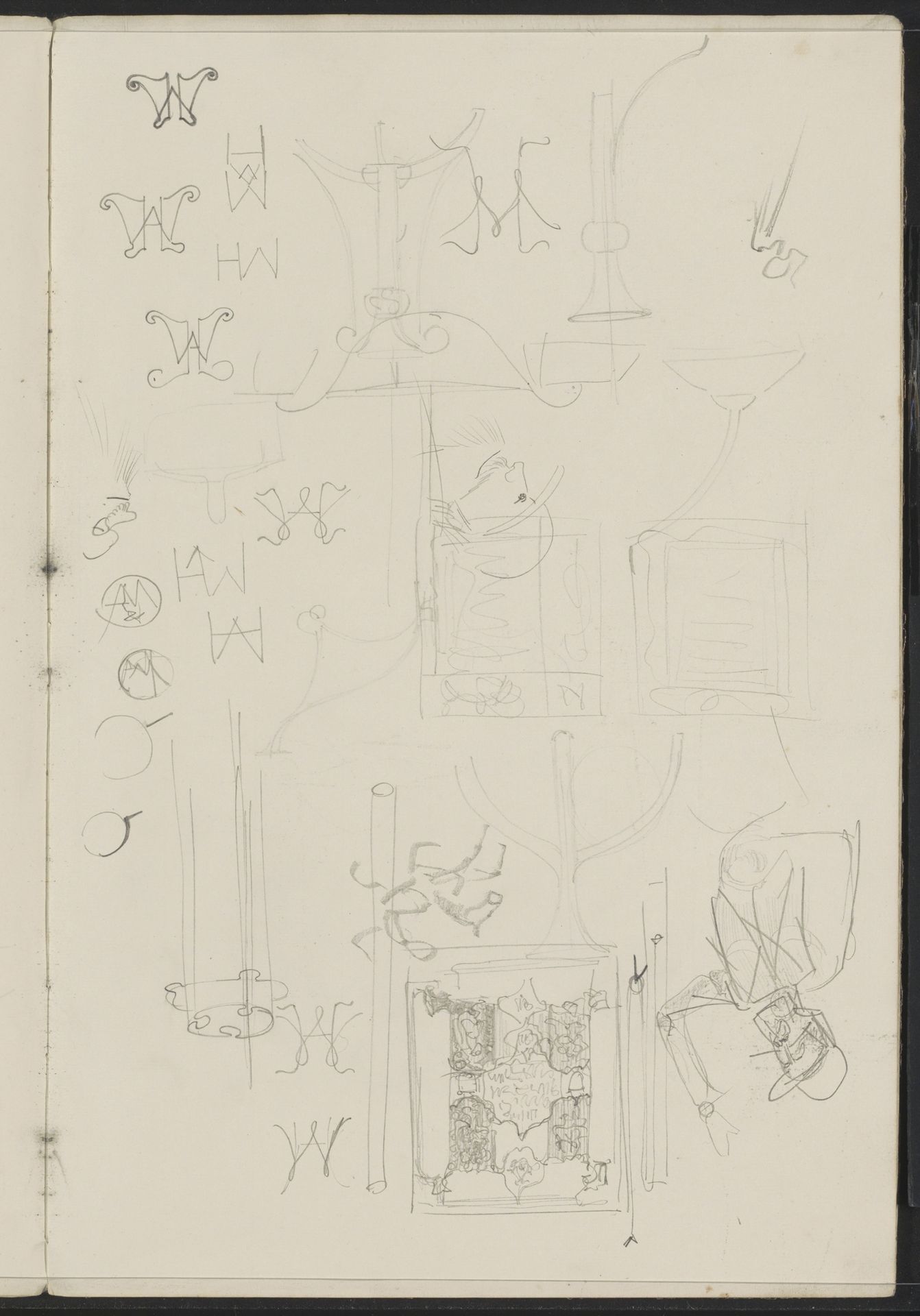Studieblad, onder andere met lampen en letterontwerpen by Carel Adolph Lion Cachet