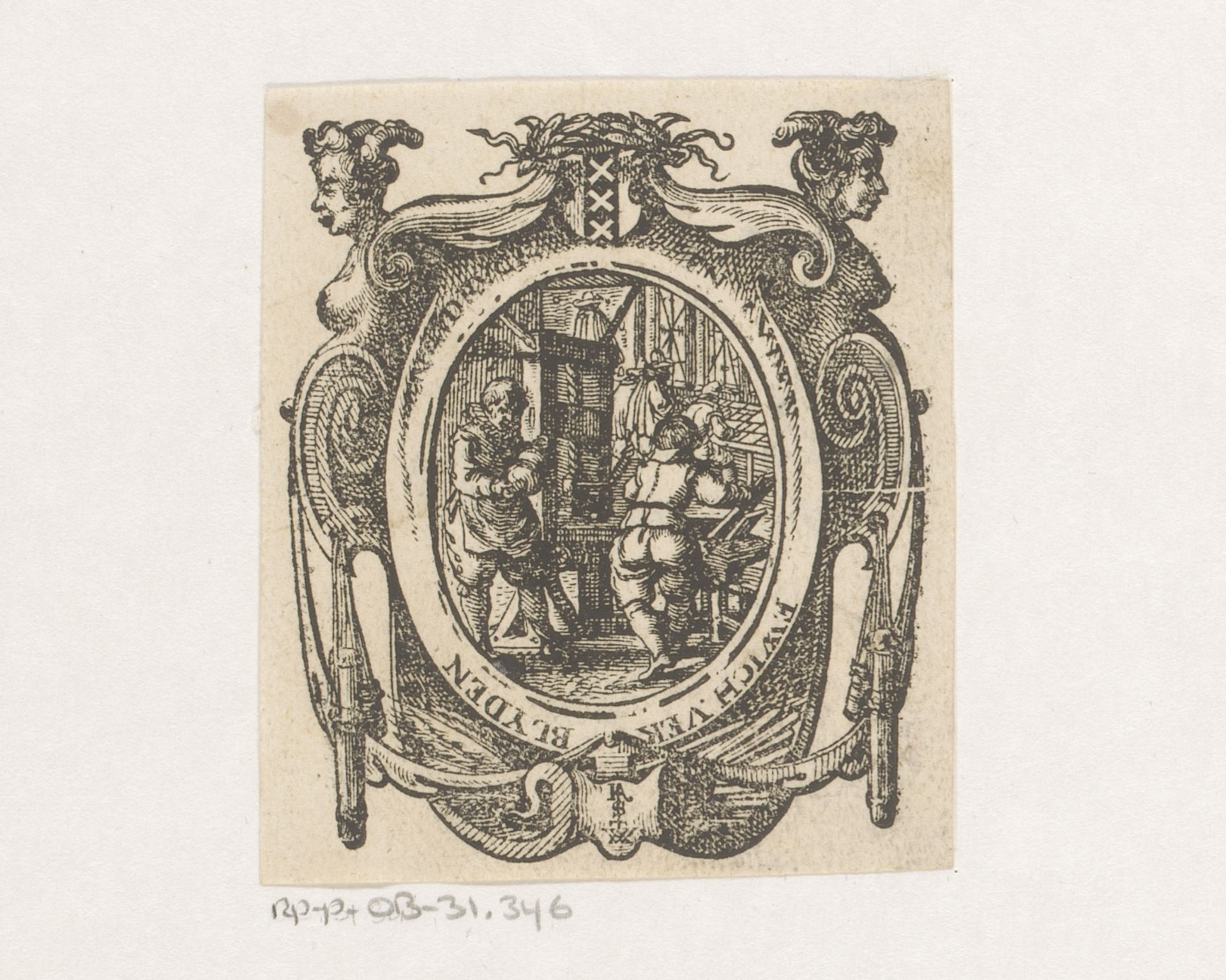 Vignet met mannen in een werkplaats aan het werk en het wapen van de stad Amsterdam by Anonymous
