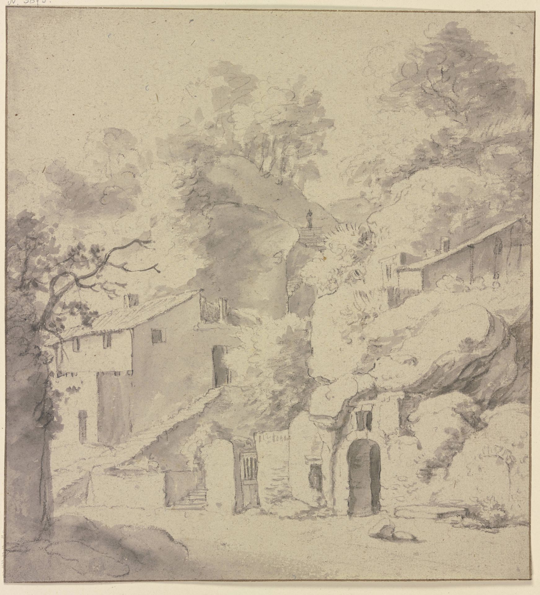 Houses in front of a cliff by Jan Asselijn