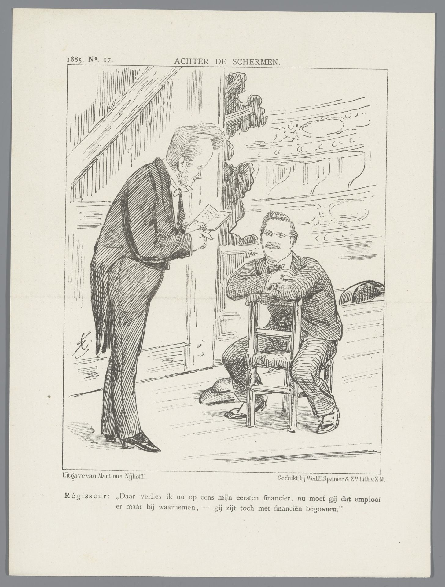 Spotprent met minister Heemskerk achter de schermen, 1885 by Johan Michaël Schmidt Crans