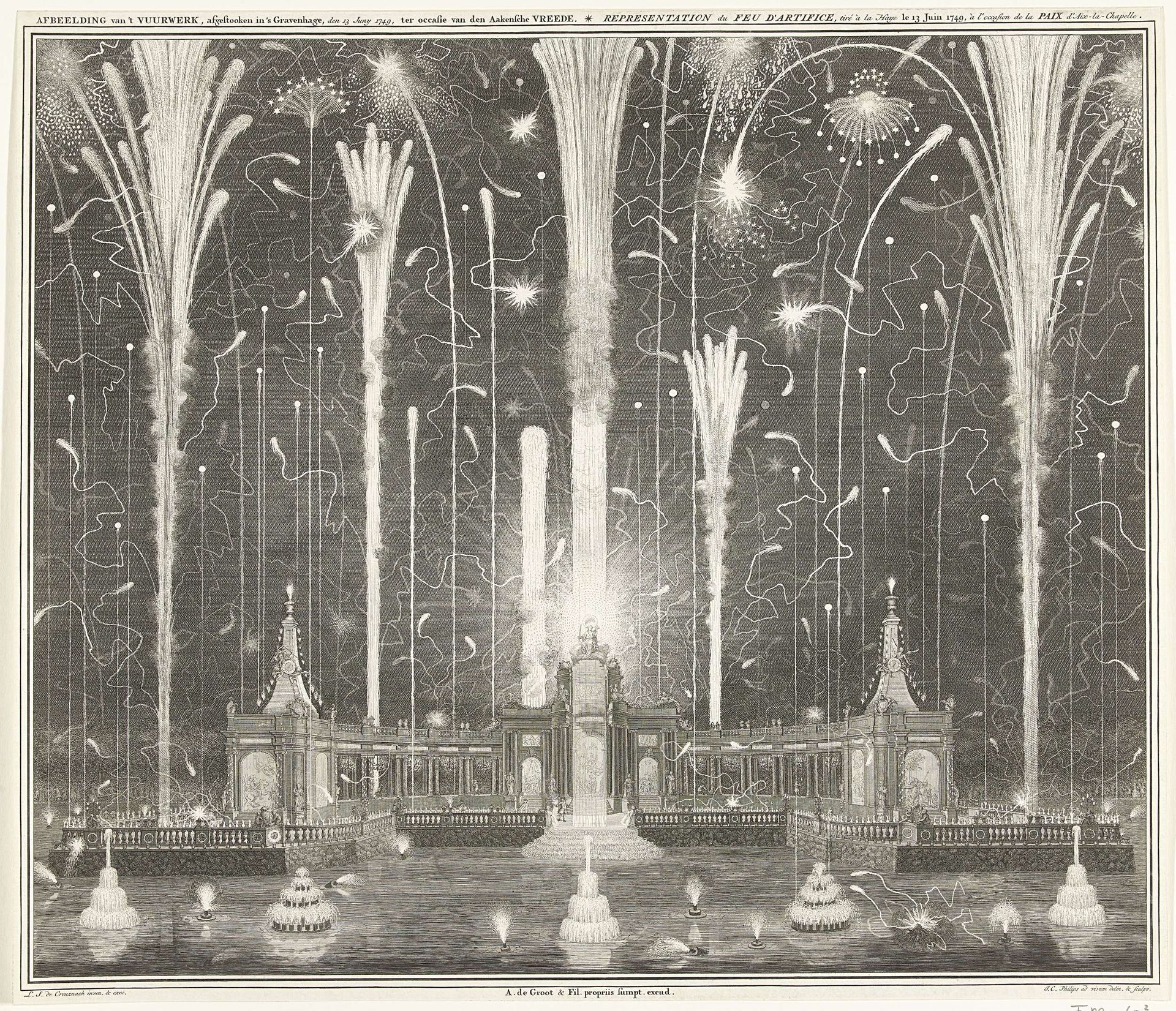 Vuurwerk te Den Haag voor de Vrede van Aken, 1749 by Jan Caspar Philips