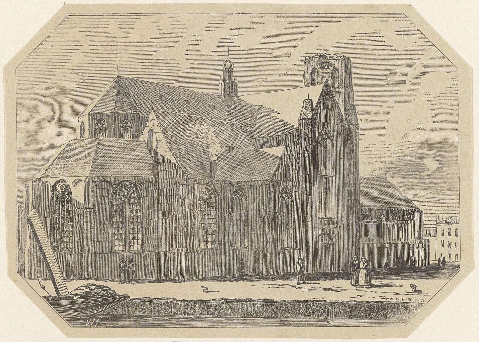 Gezicht op een kerk met een plein by Isaac Weissenbruch