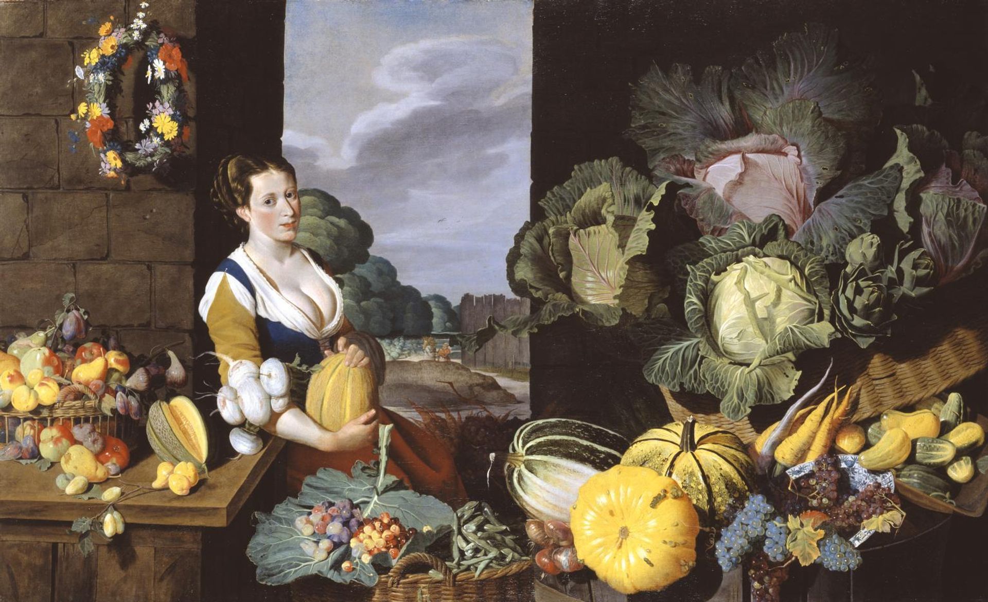 Cookmaid with Still Life of Vegetables and Fruit by  Sir Nathaniel Bacon