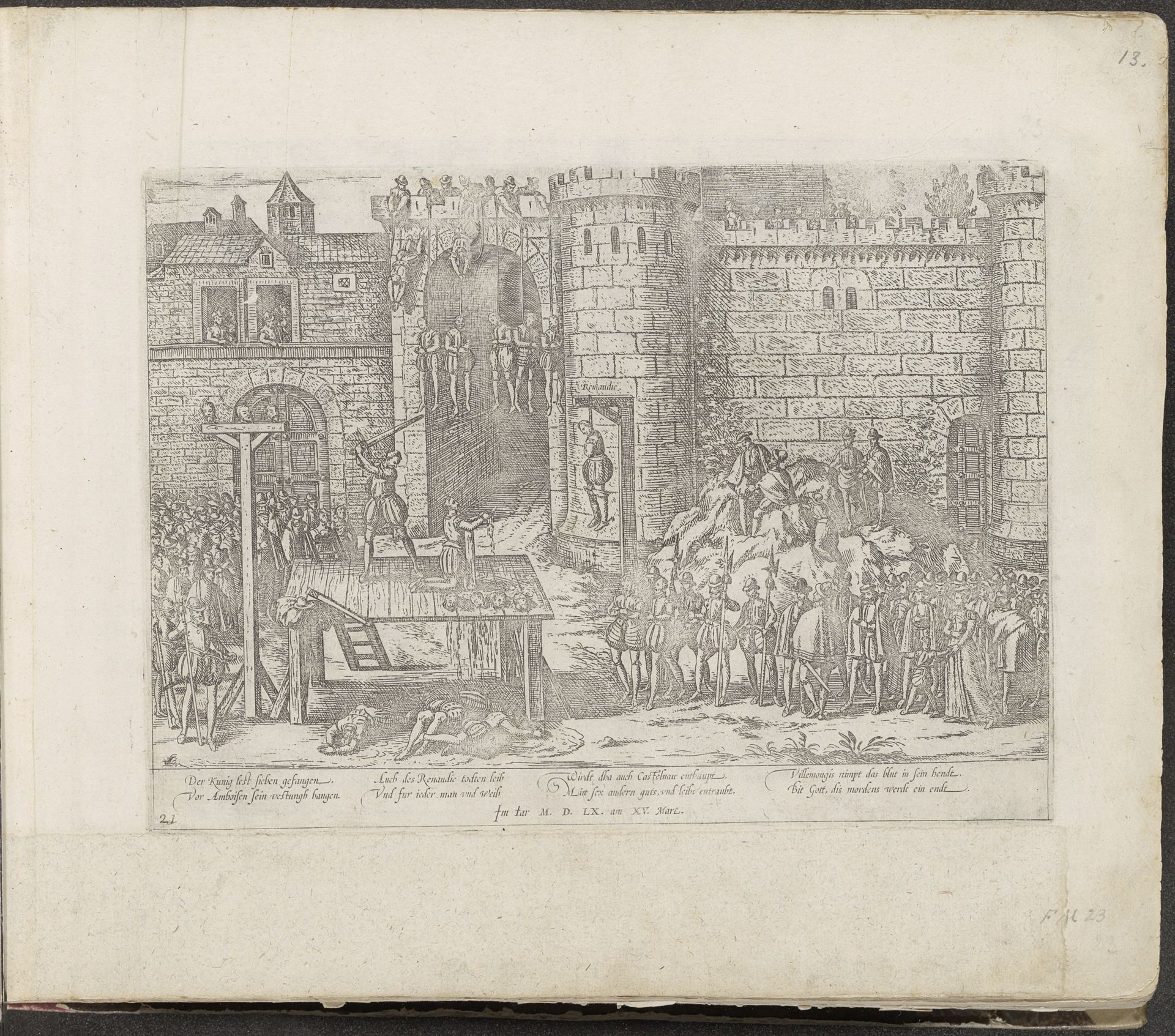 Zeven edelen voor de poort van het Château d'Amboise opgehangen, 1560 by Frans Hogenberg