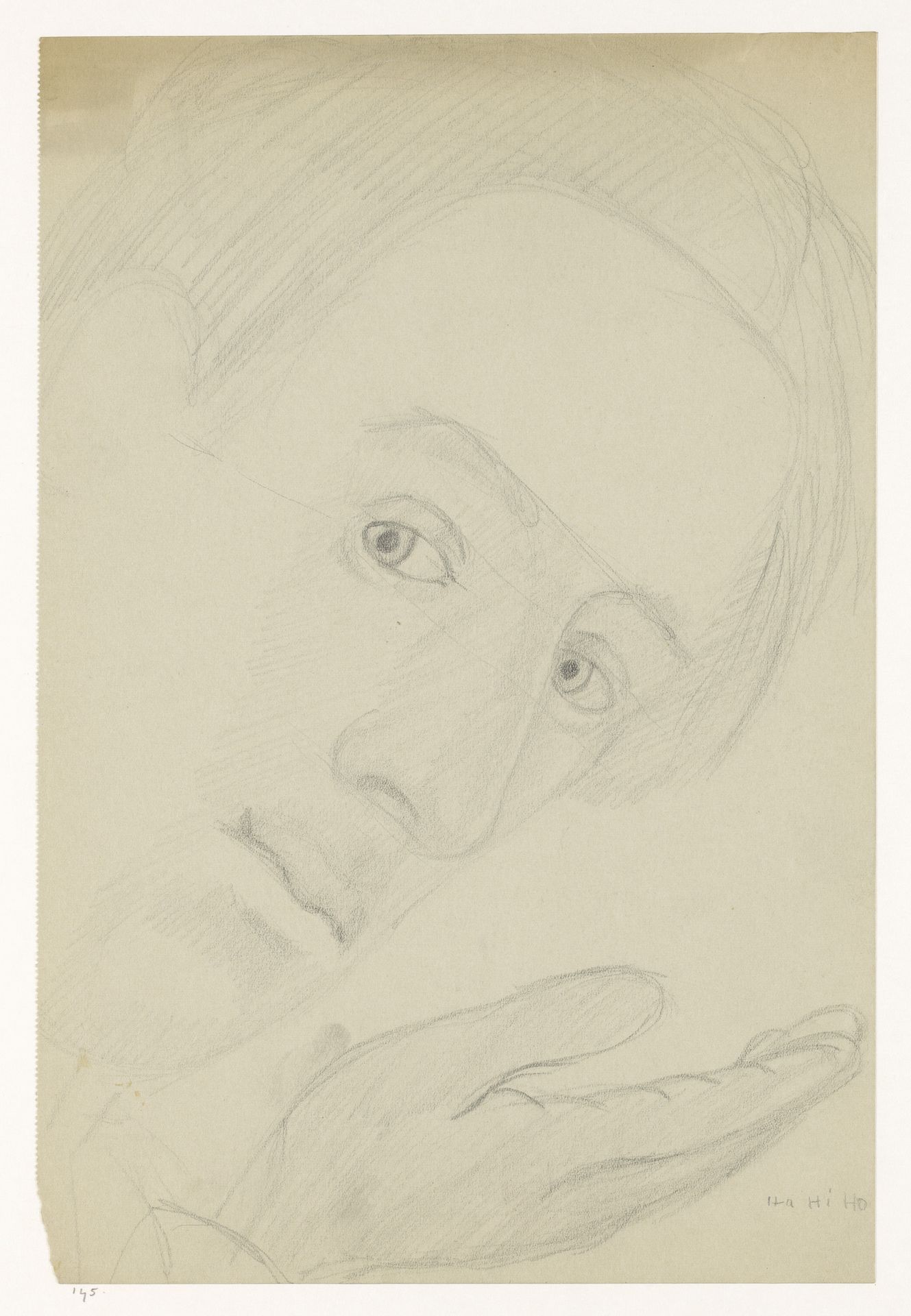 Zelfportret, voorovergebogen met hand op schrift by Cor van Teeseling