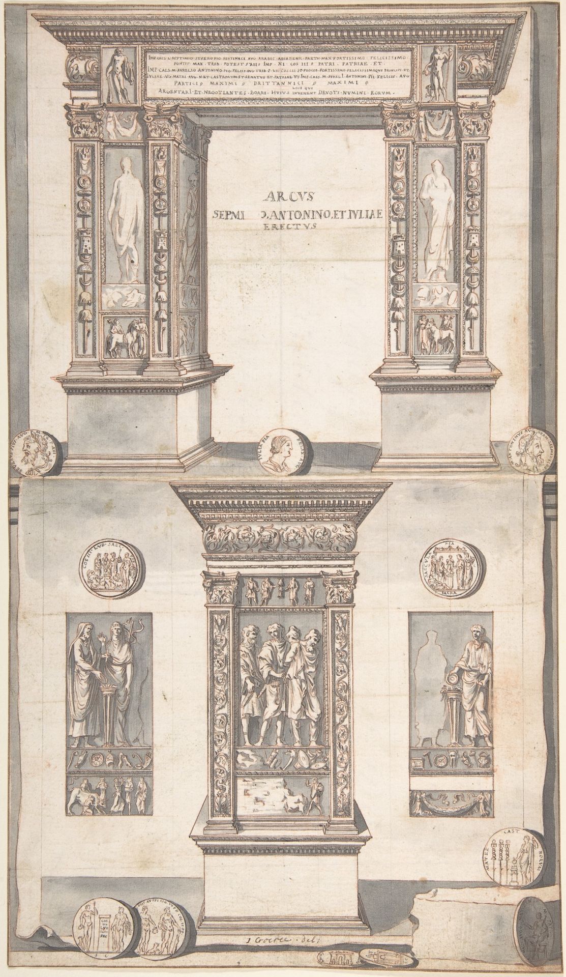 Arch of Septimius Severus, Frontal Elevation (above) and Side View (below) by Jan Goeree
