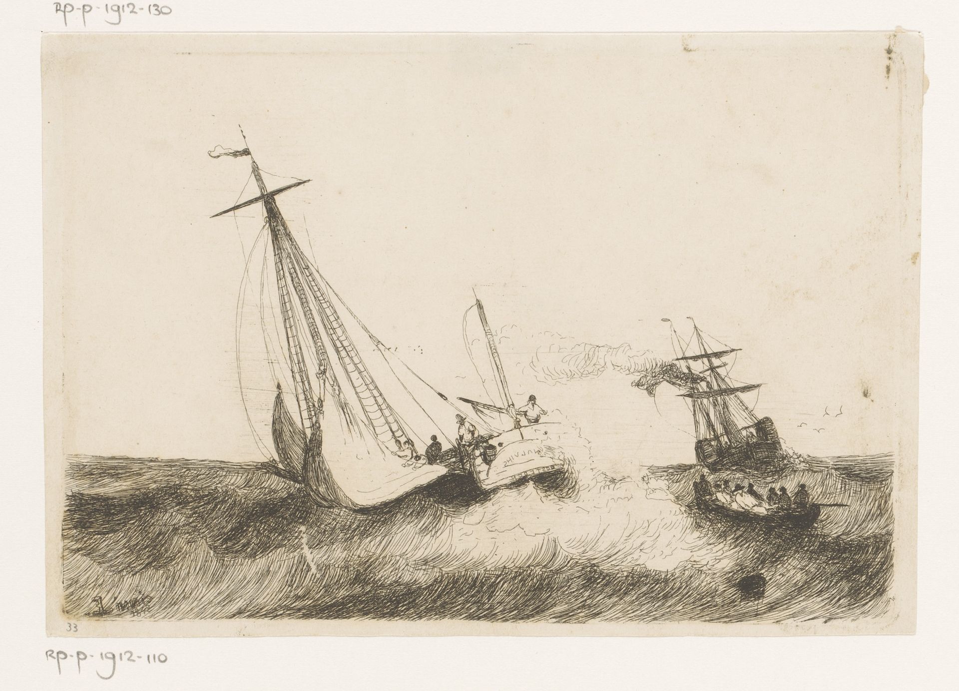 Zeilschip Walvisch uit Oostende op onrustige zee by Egidius Linnig