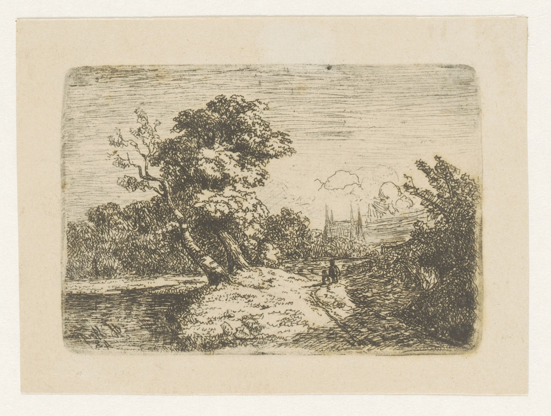Landschap met twee figuren op een landweg by Ildephonse Stocquart