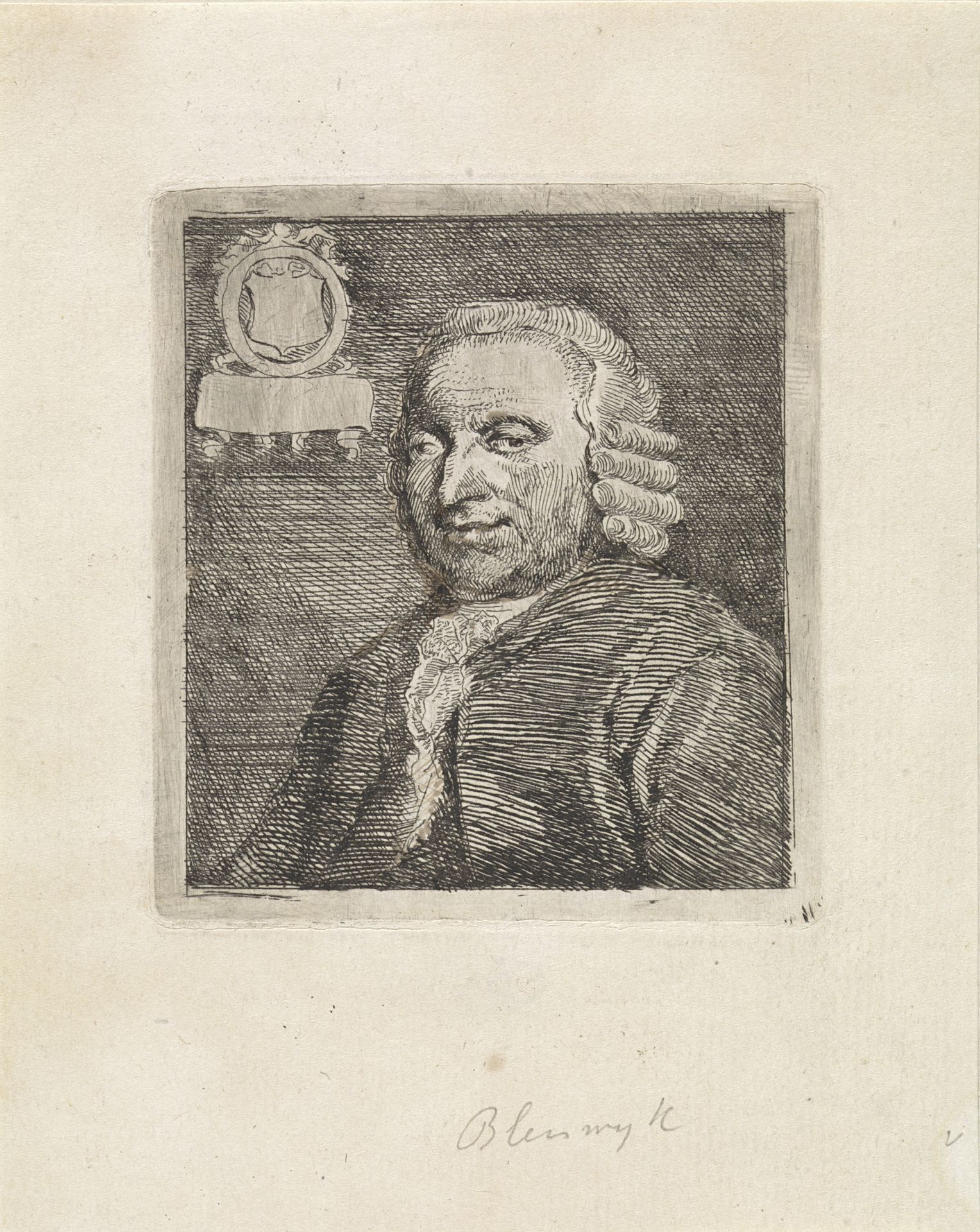 Portret van den raadpensionaris Van Bleiswijk. Buste met pruik en jabot, 3/4 links gewend. In den linkerbovenhoek een ledig wapenschild in eene eveneens ledige ronde lijst met lint en daaronder eene banderolle zonder eenig opschrift by Aert Schouman