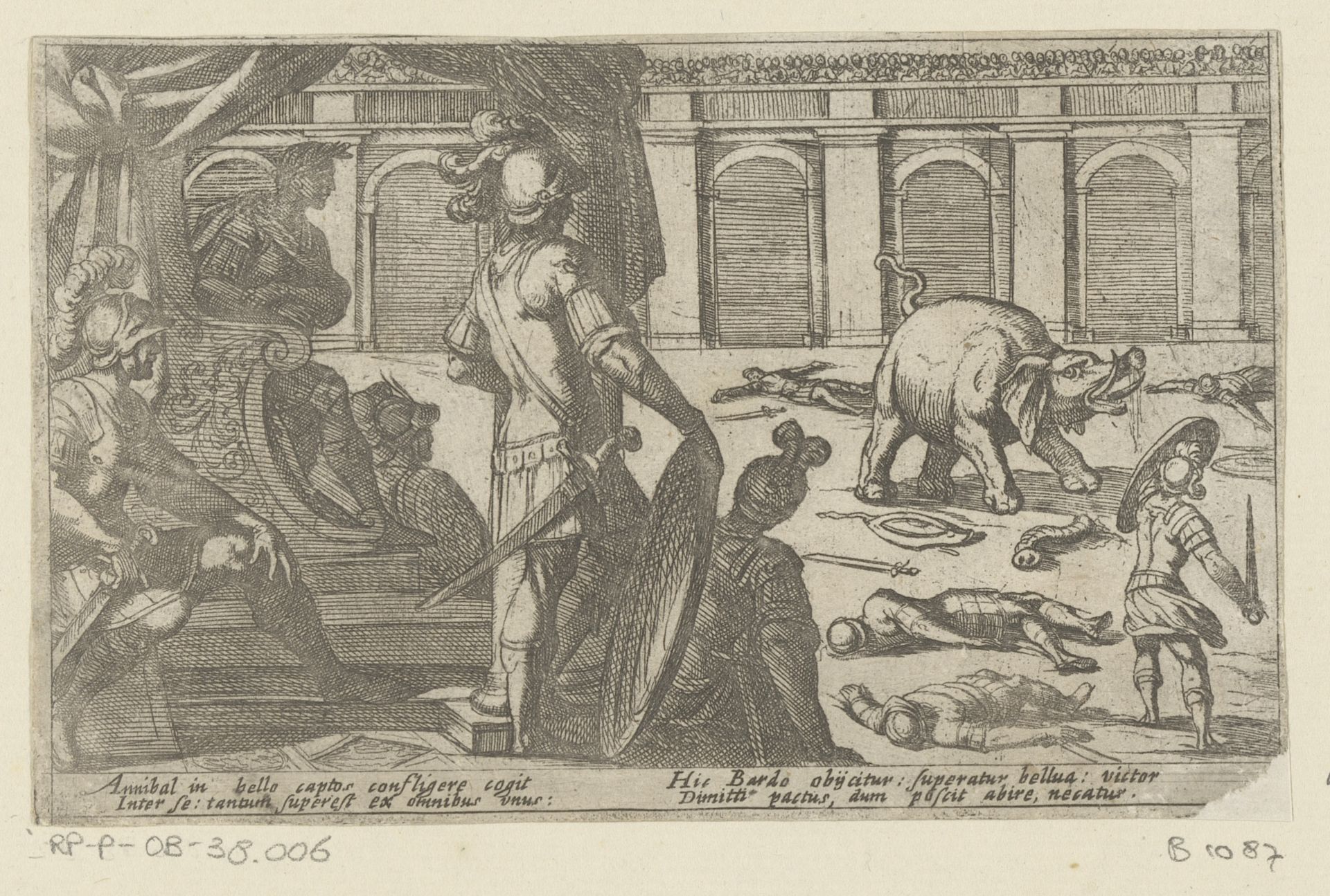 Gladiatoren vechten met een olifant in een arena by Antonio Tempesta
