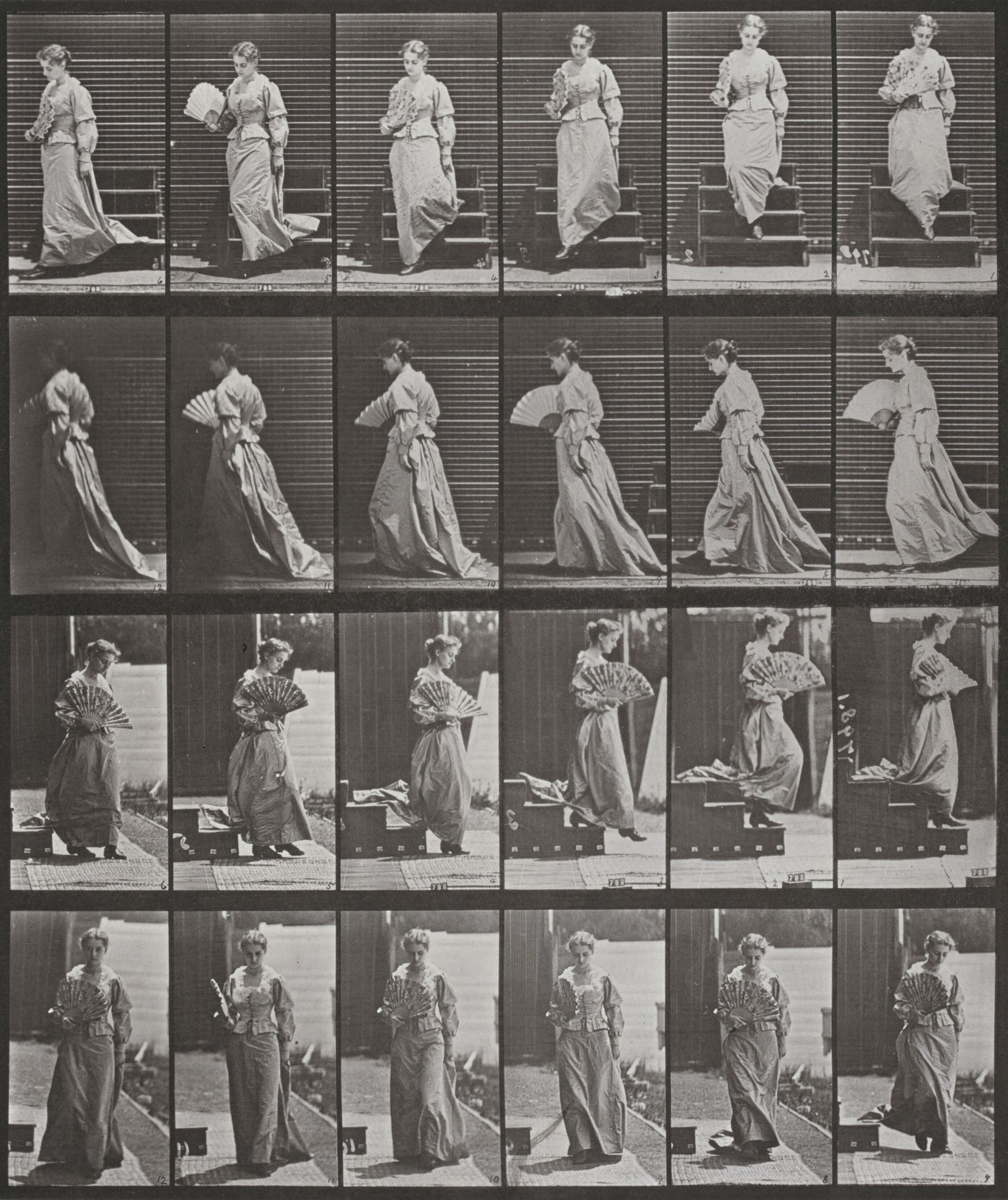 Plate Number 141. Descending stairs, turning and flirting a fan by Eadweard Muybridge
