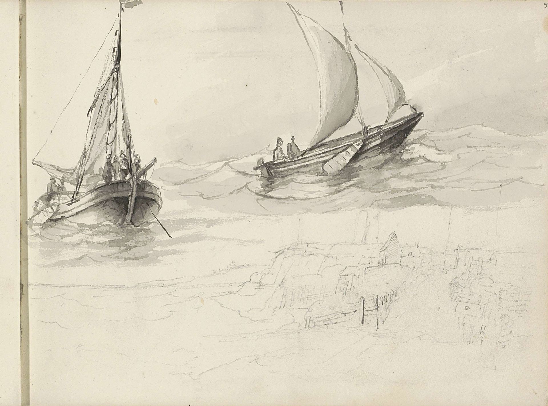 Twee zeilschepen met figuren op zee by Petrus Johannes Schotel