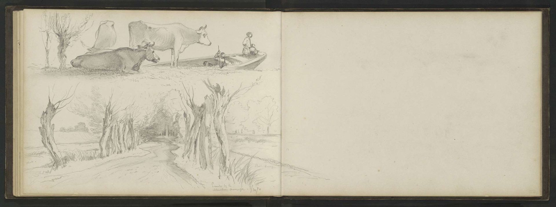 Koeien in een weiland en een laan bij de schietbaan in Crooswijk by Johannes Tavenraat