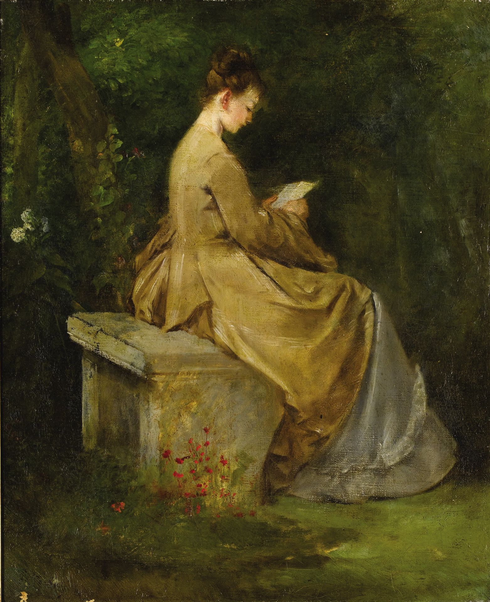 Woman reading on a bench by Mariano Fortuny Marsal