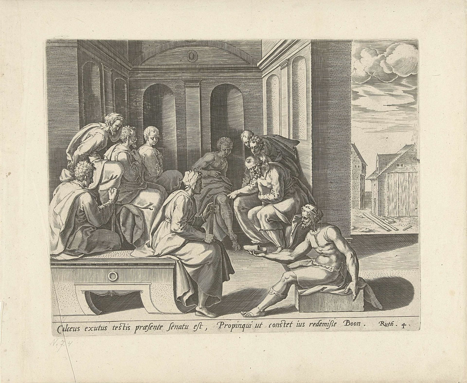 Boaz koopt het land van Ruth en Naomi by Philips Galle