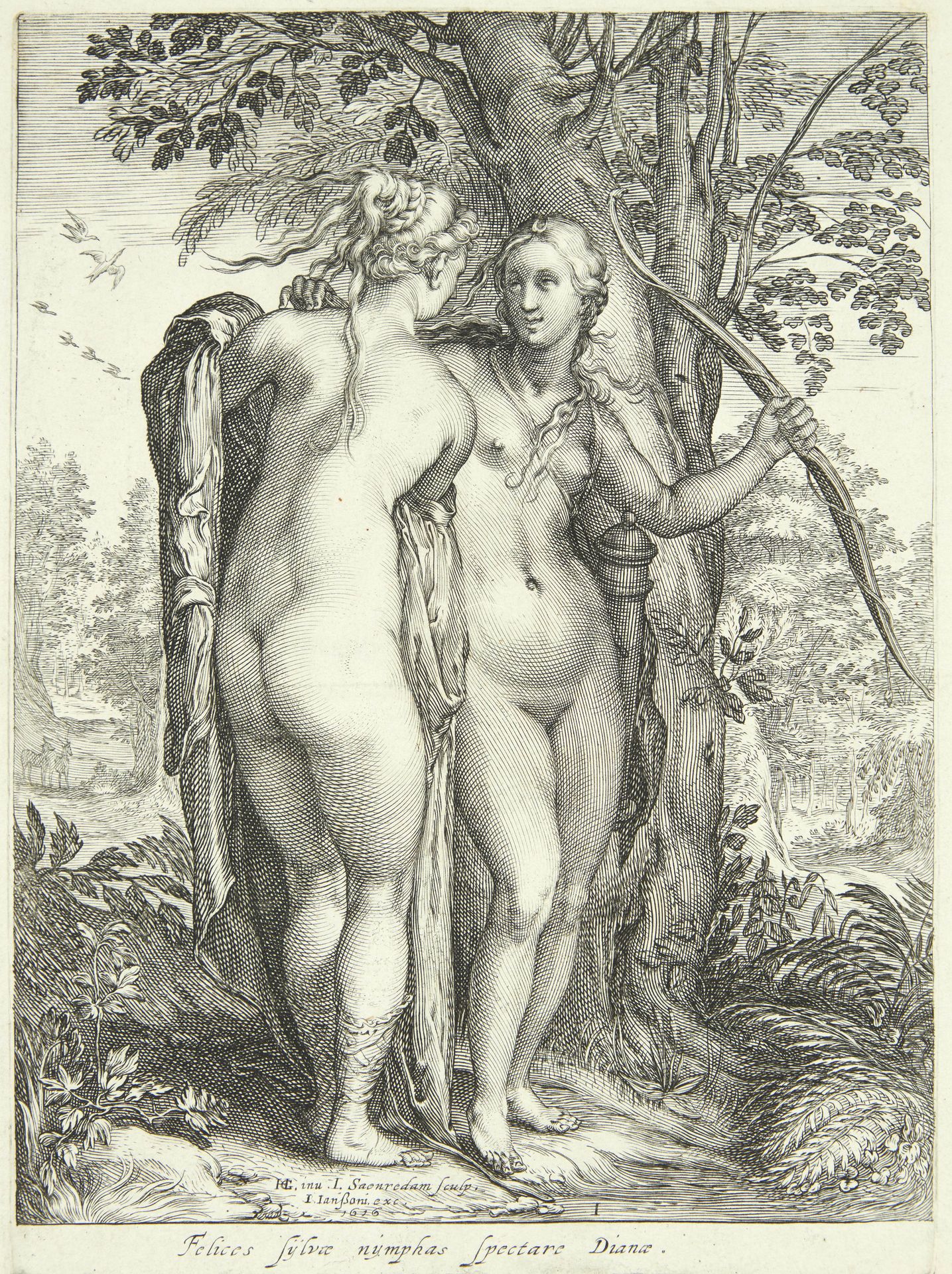 Diana og en nymfe ved et træ by Jan Saenredam
