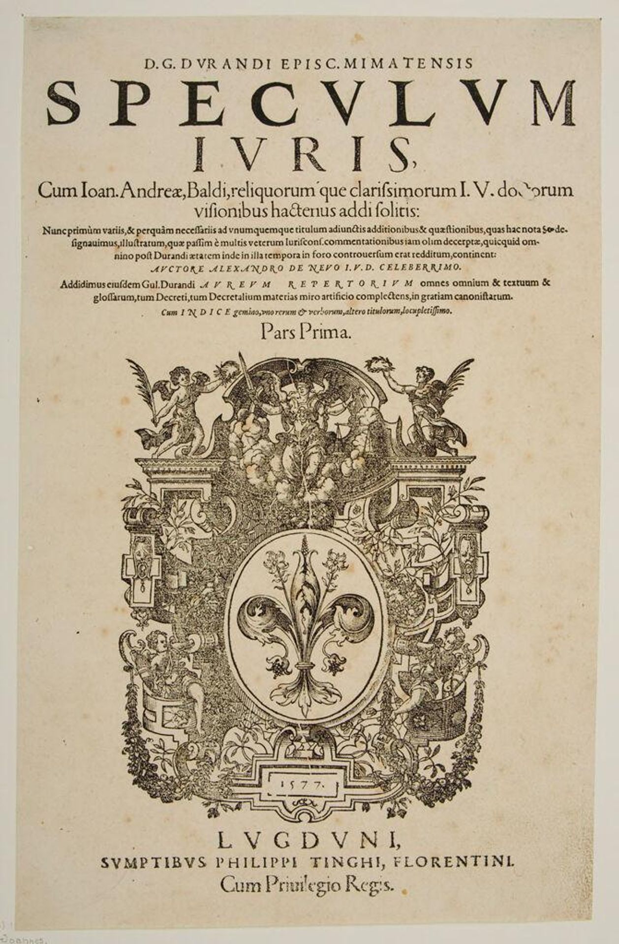 Title-Page from Joannes Andraea, Speculum Juris, Philippus Tinghi, Prima Pars by Anonymous