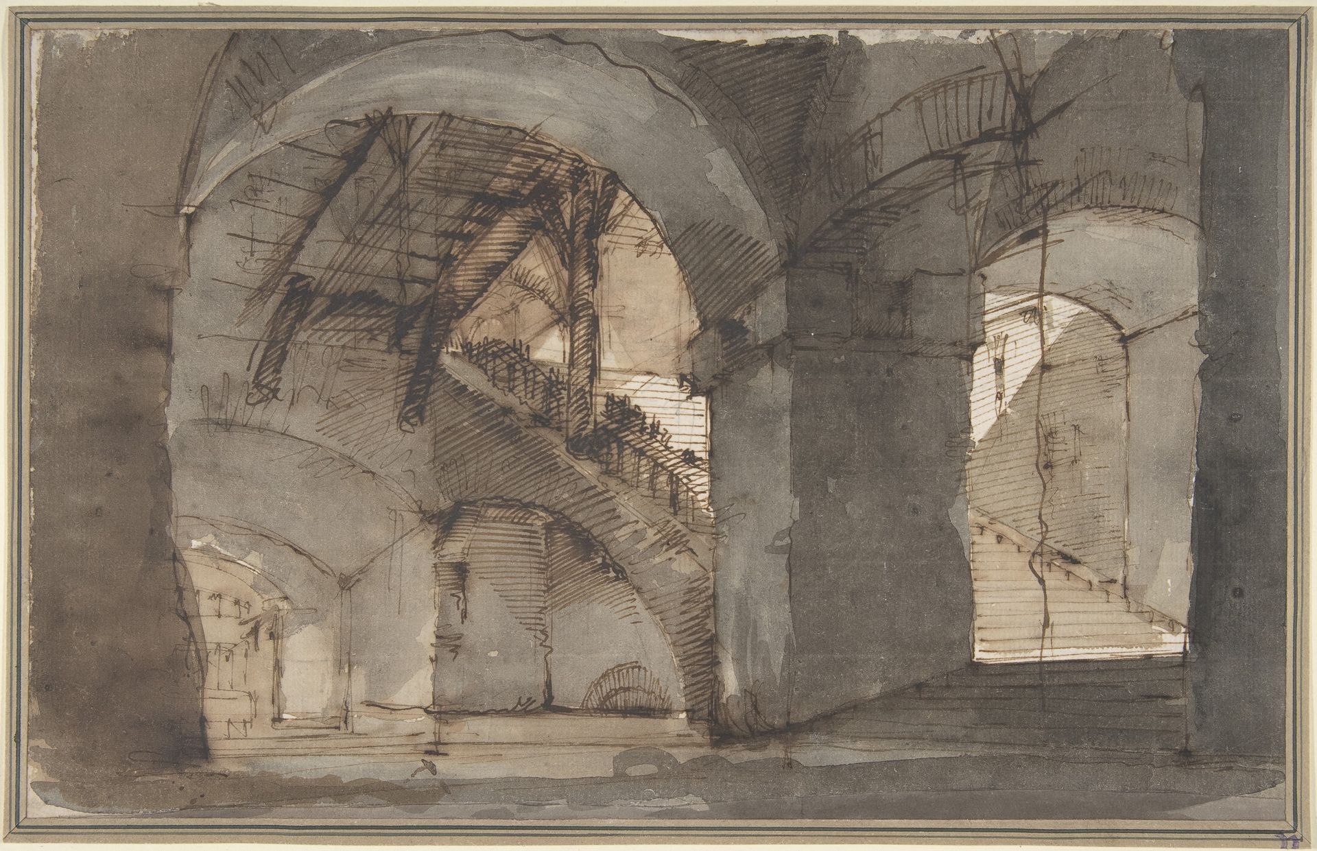 Design for a Stage Set: A Dungeon with High Vaults and a Staircase at Right. by Domenico Fossati