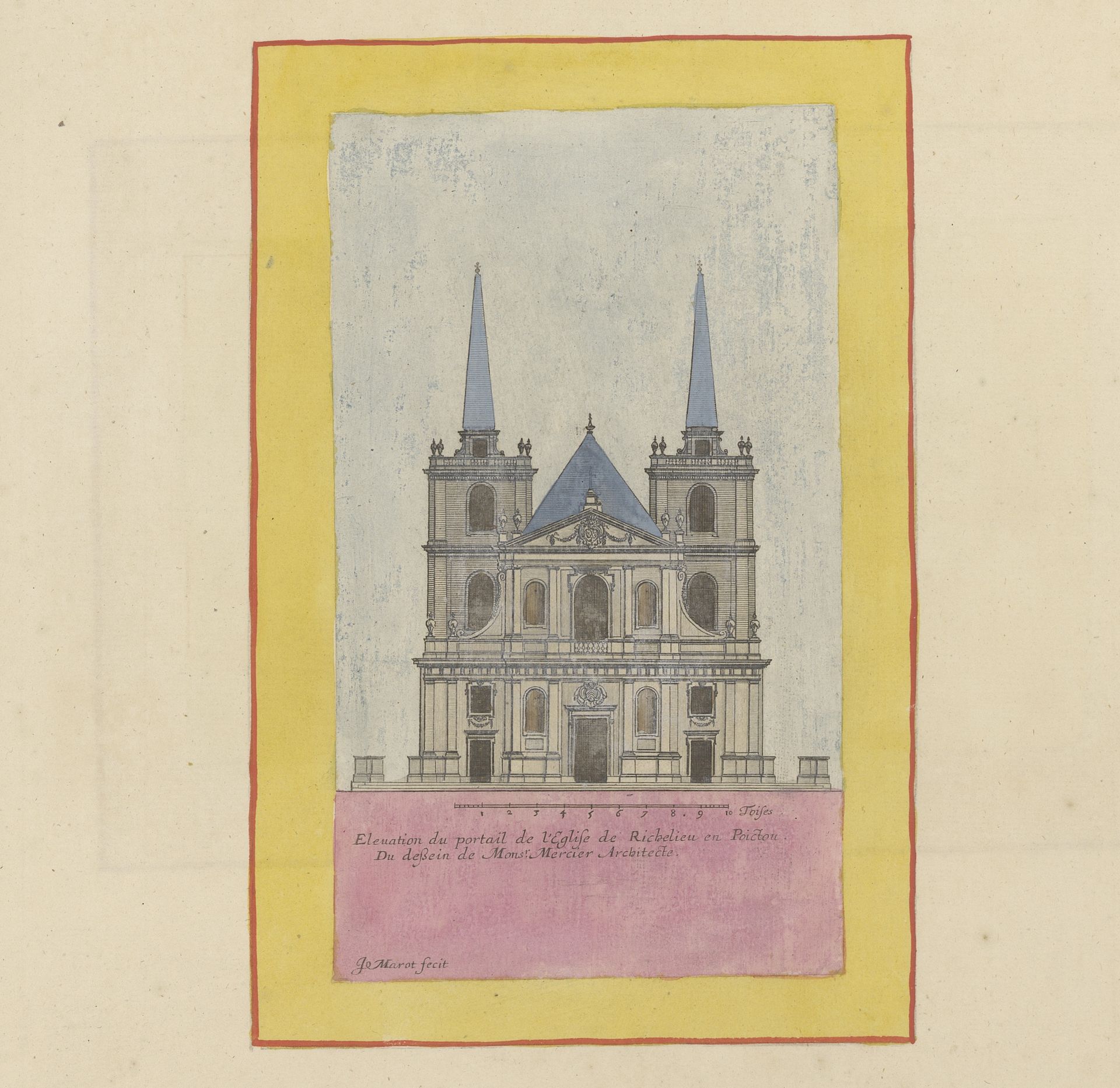 Gezicht op de voorgevel van de kerk van Richelieu by Jean (I) Marot