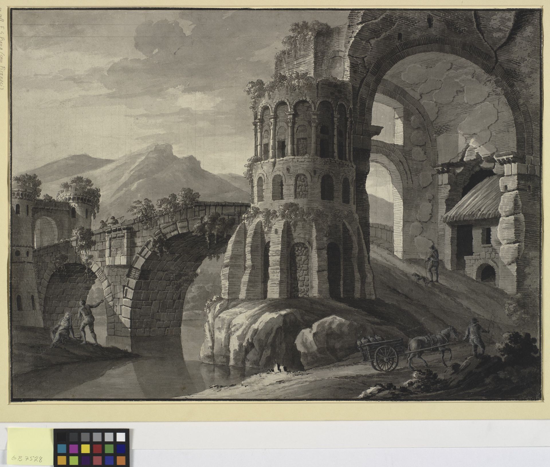 Architectural fantasy. Ruin of antique bridge, flanked by medieval towers by Robert Adam