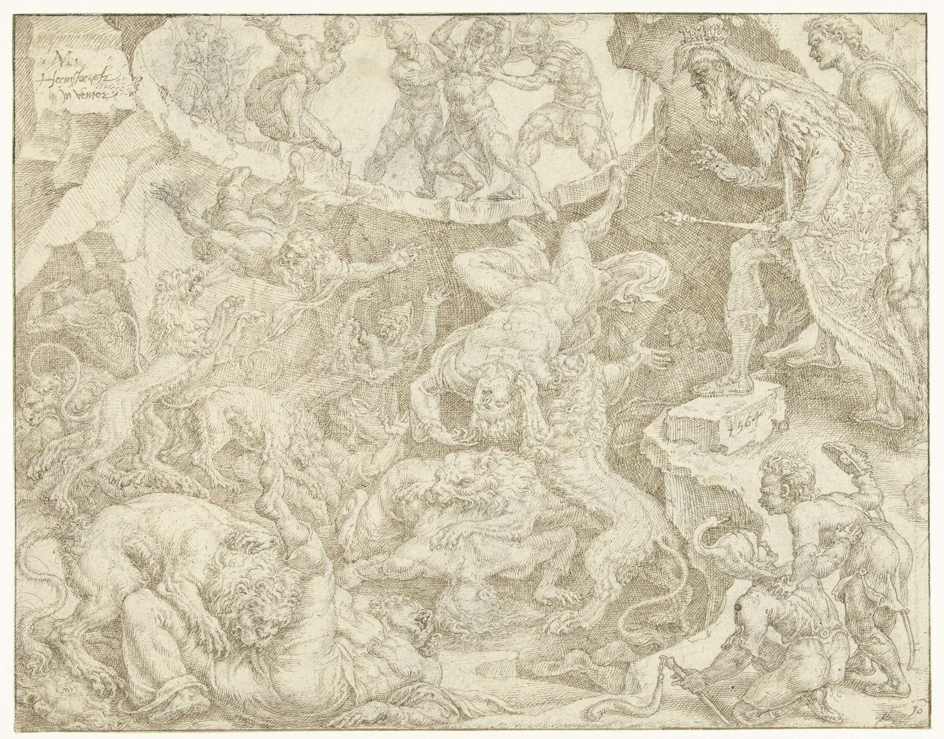 Aanklagers van Daniël worden in de leeuwenkuil geworpen by Maarten van Heemskerck