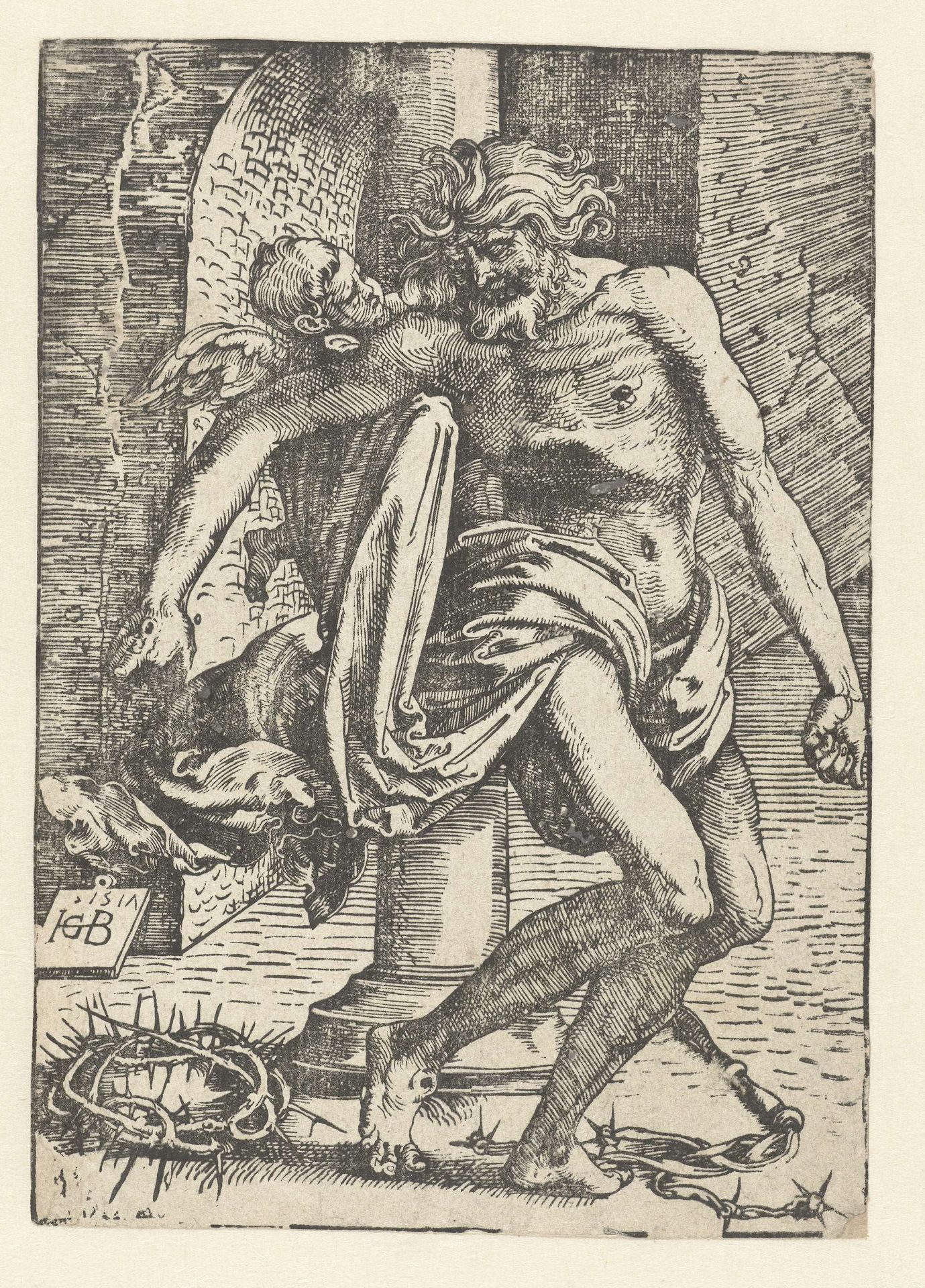 Christus met passiewerktuigen ondersteund door een engel by Hans Baldung