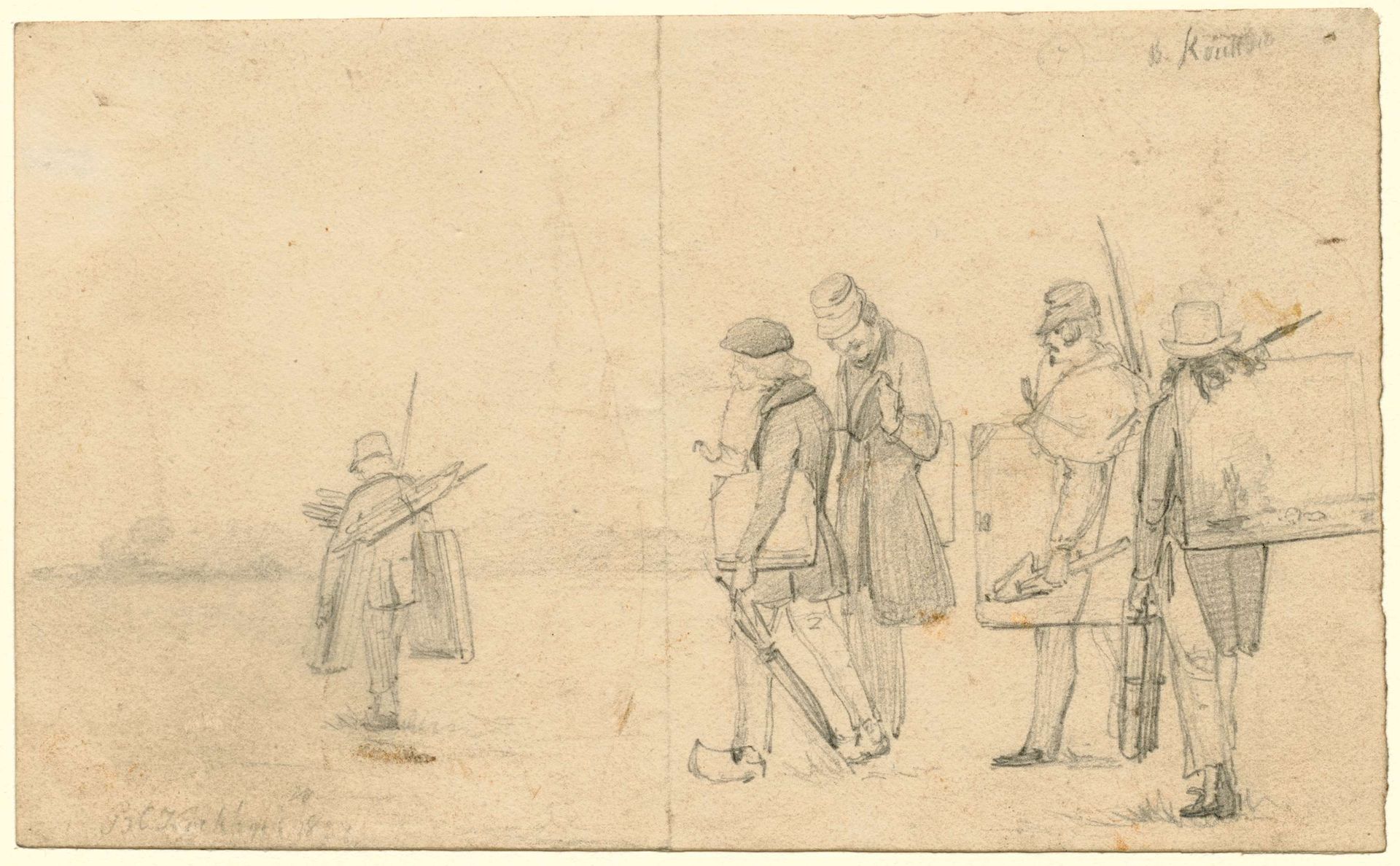 Vier schilders (de gebroeders Koekkoek?) begeven zich in het landschap by Barend Cornelis Koekkoek