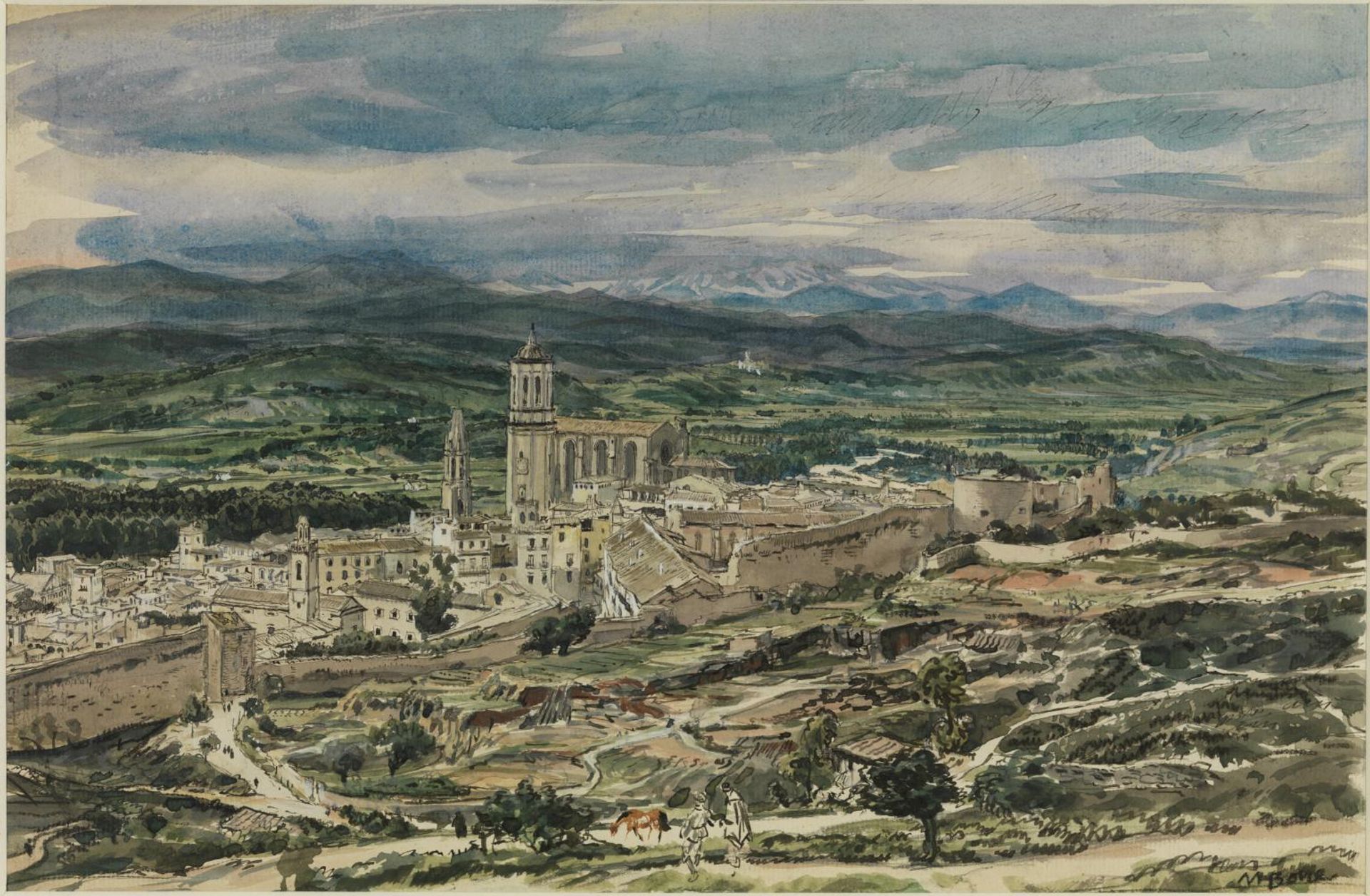 The Mountain Background, Gerona by  Sir Muirhead Bone