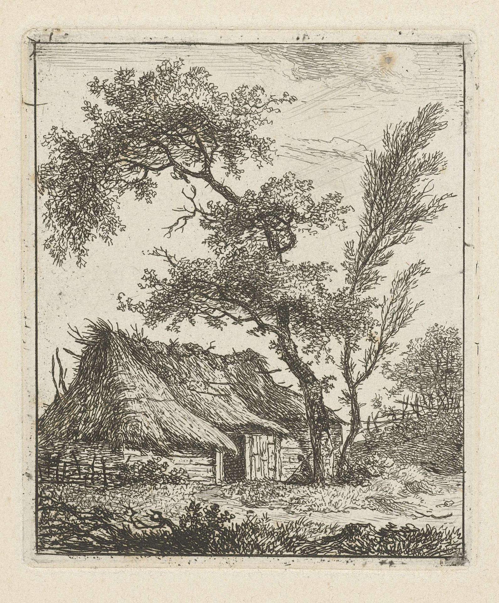 Boerderij met rieten dak en twee bomen by Hermanus Fock