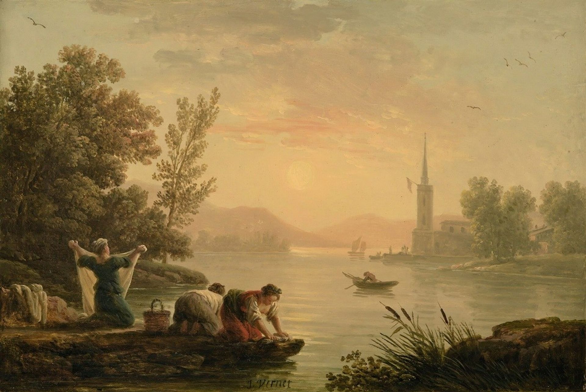Washerwomen near by a lake by Claude-Joseph Vernet