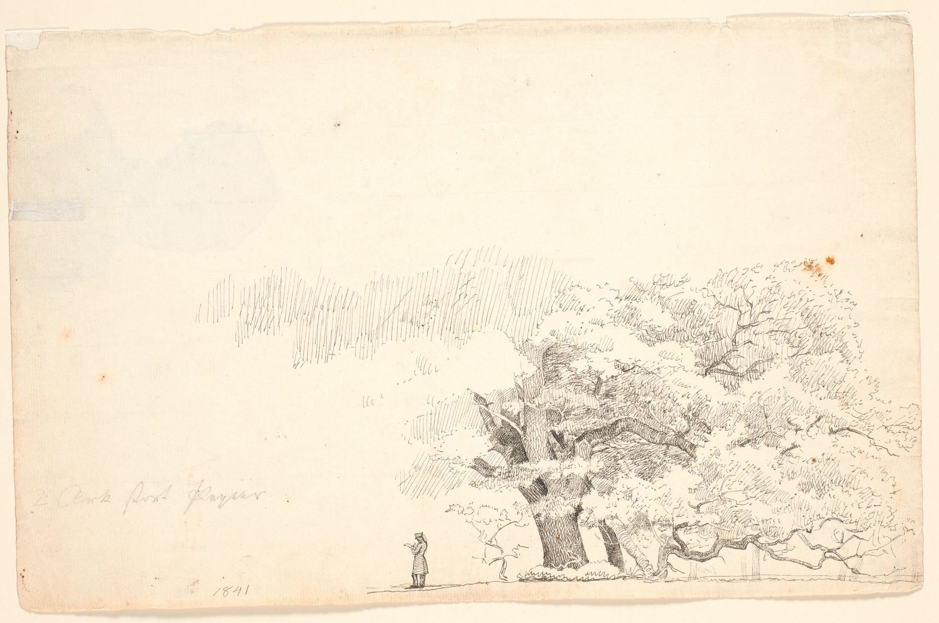 Store egetræer, t.v. en læsende mand. by P.C. Skovgaard