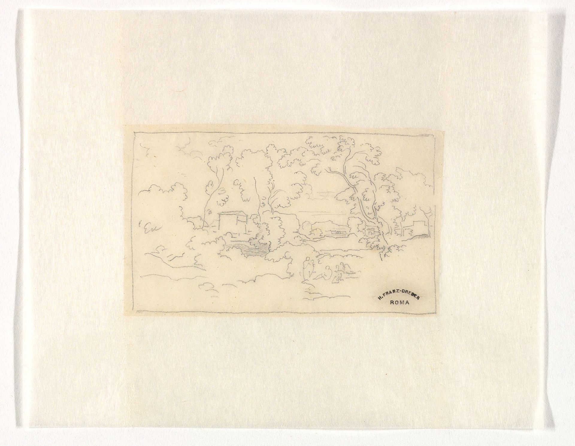 Southern landscape with a building and figures by Heinrich Dreber