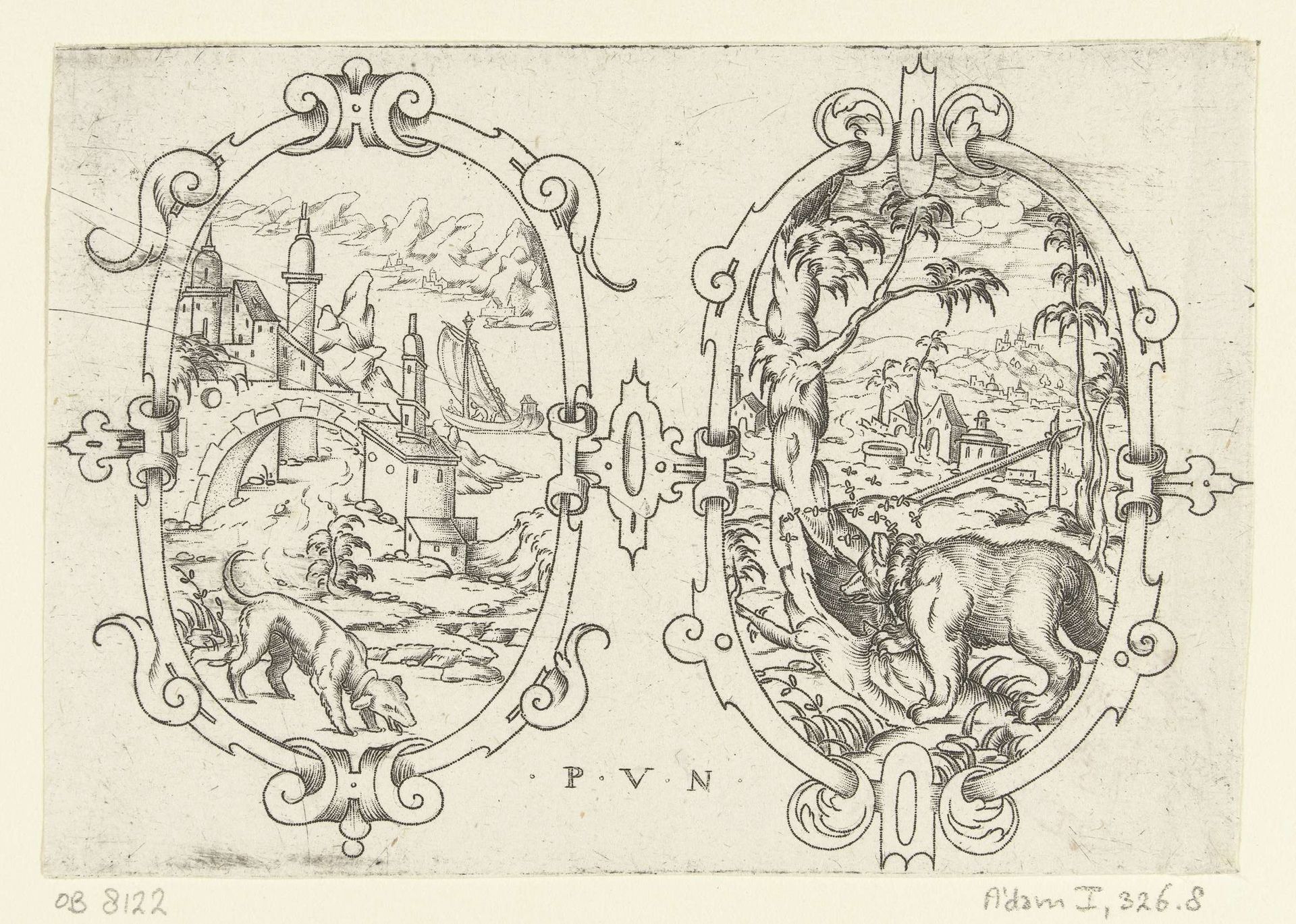 Twee ovalen, links met een hond, rechts met een beer by Paul (de Jonge) Flindt