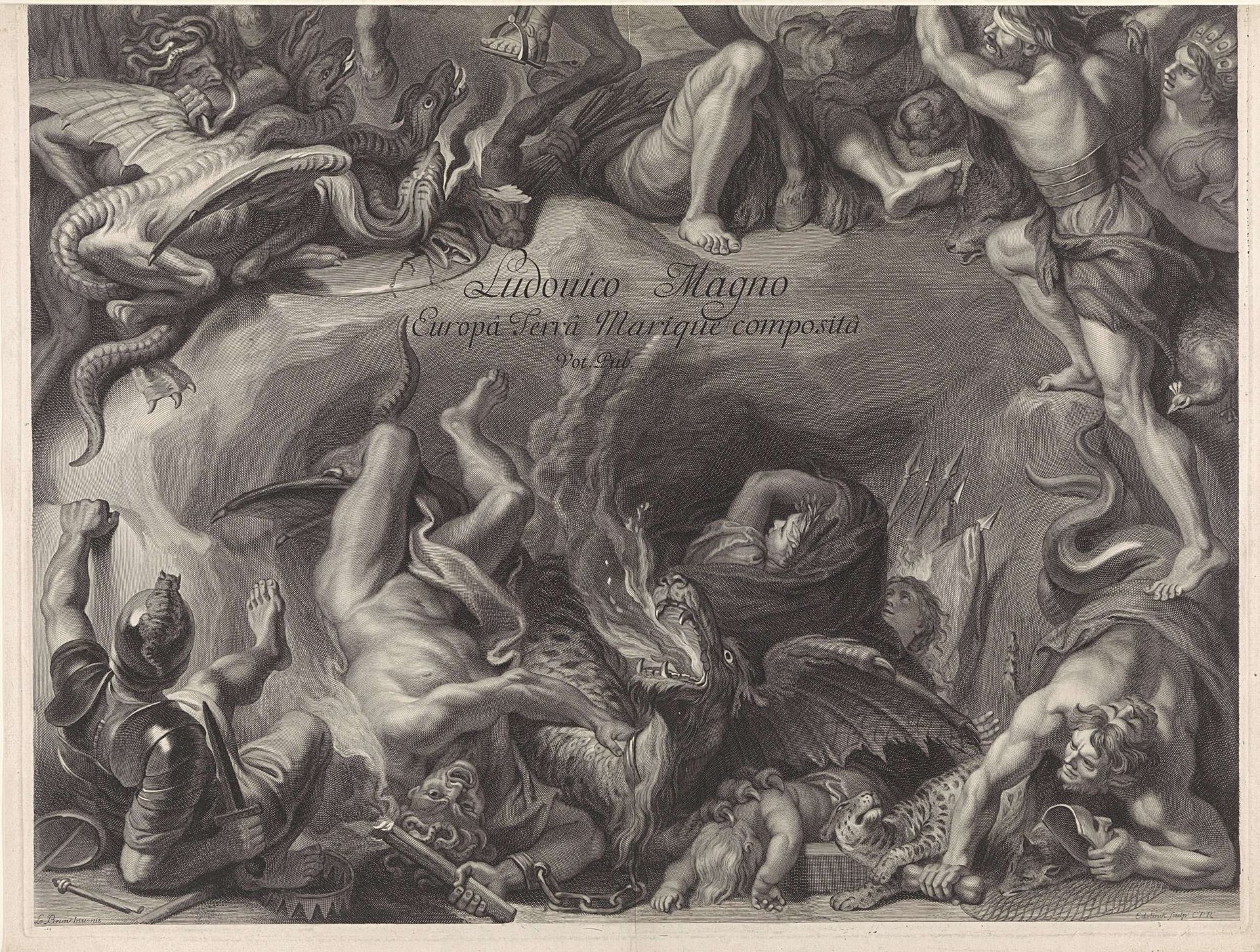 Allegorisch ruiterportret van Lodewijk XIV, koning van Frankrijk by Gérard Edelinck