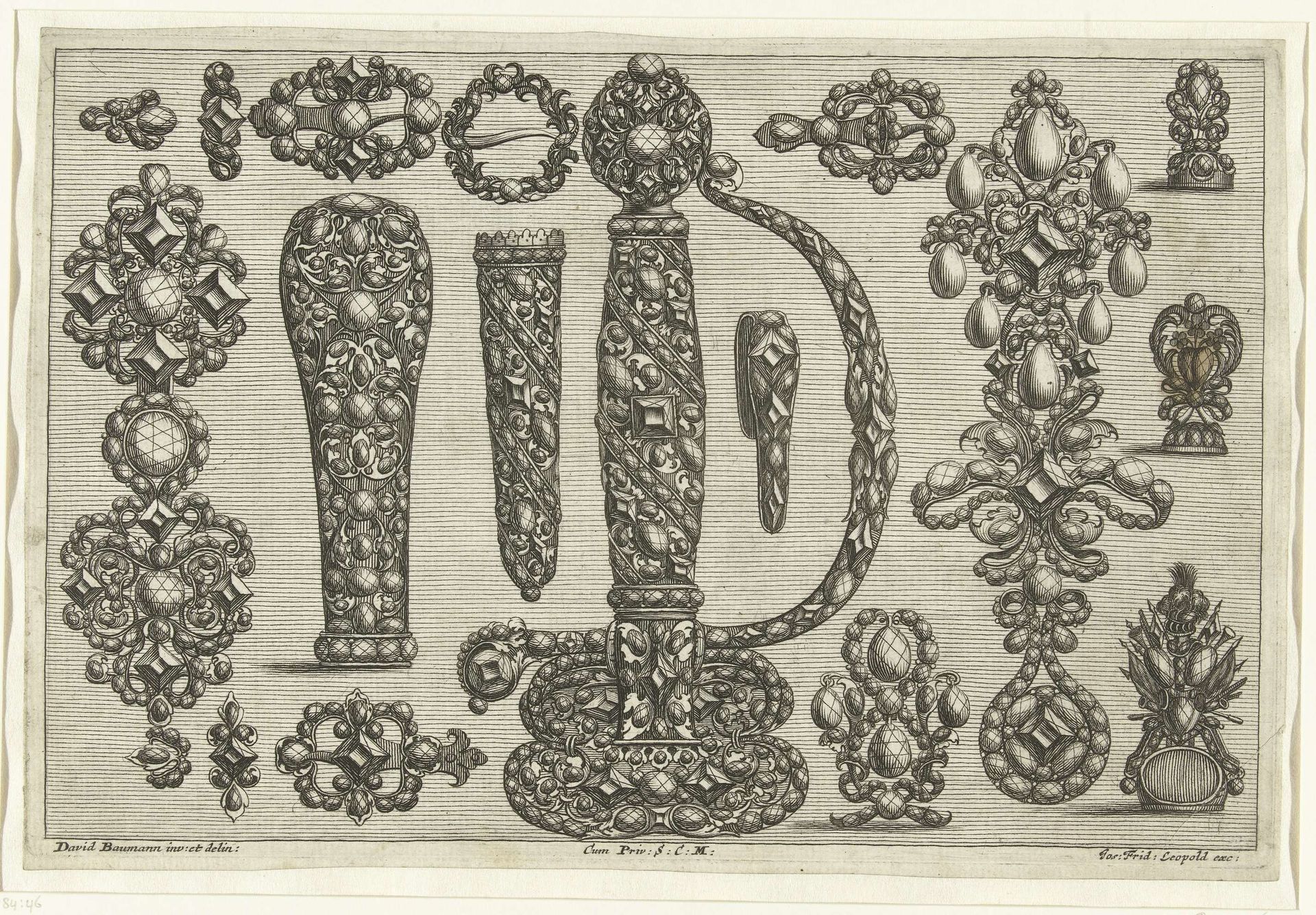 Handgreep van zwaard en zestien ontwerpen voor juwelen, gespen, heften van zwaarden en knop voor een stok by Joseph Friedrich Leopold
