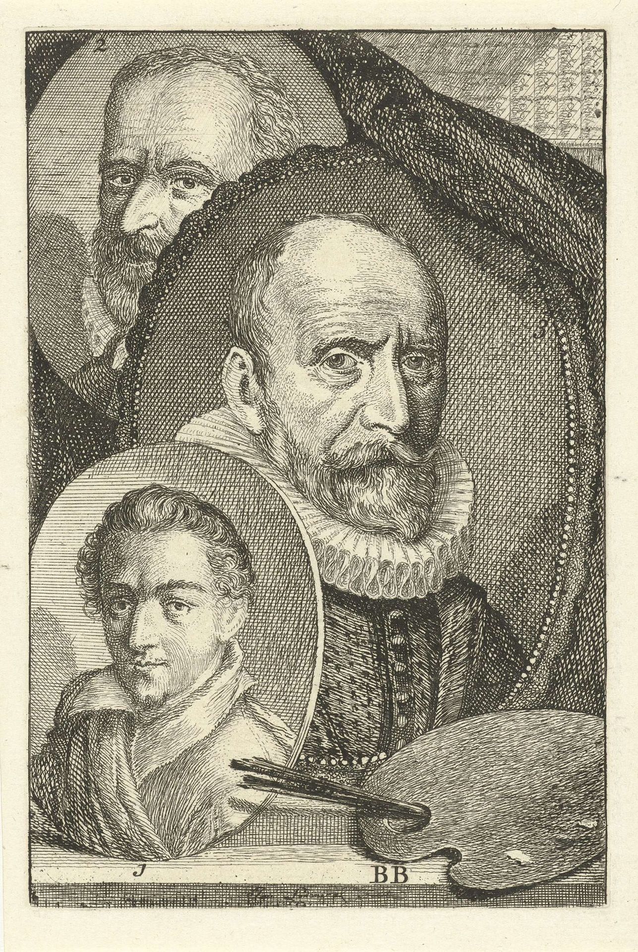 Portretten van Marten van Valckenborch, Crispijn van den Broeck en Pieter van Veen by Jan l' Admiral