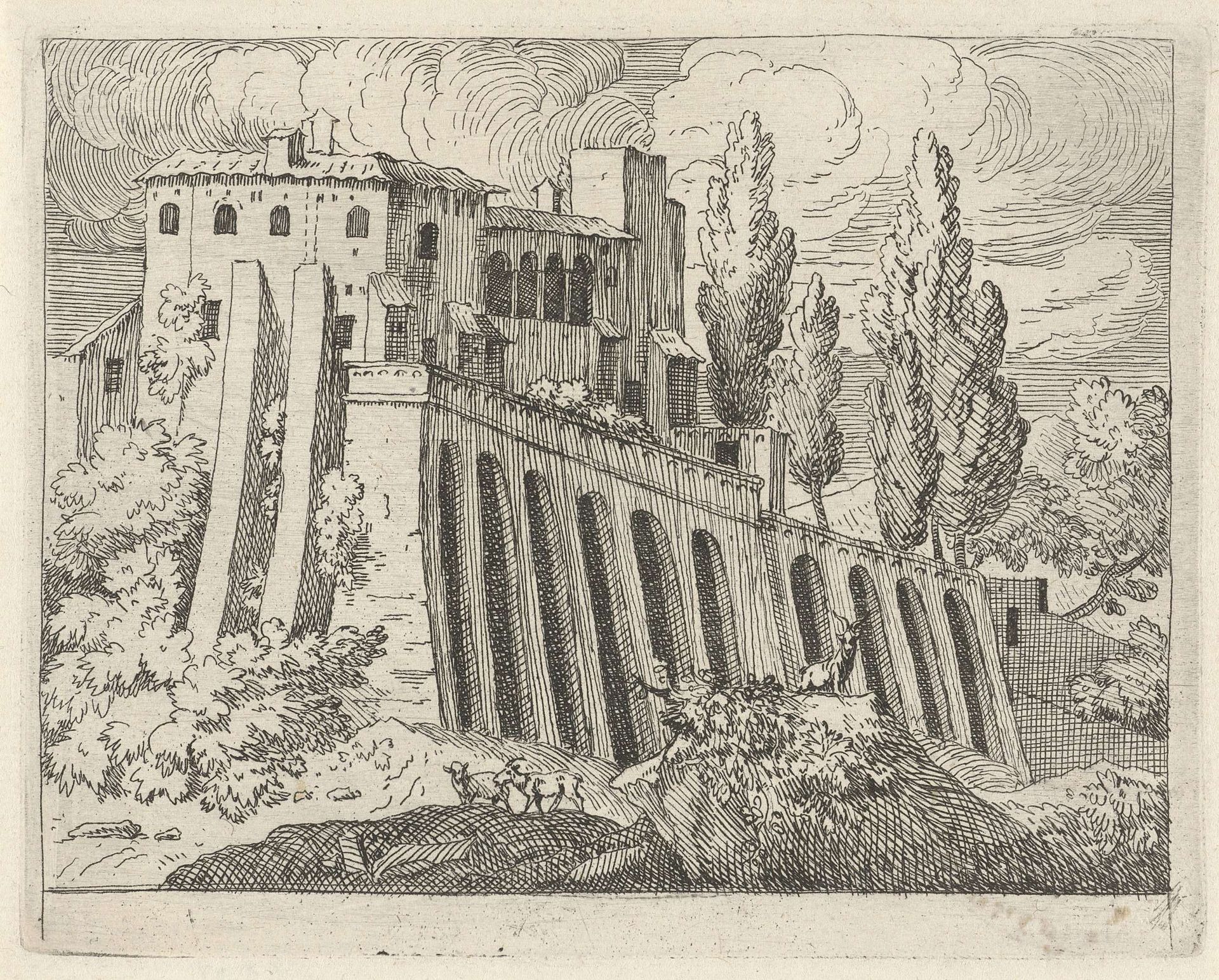 Gebouw in een landschap by Govert van der Leeuw