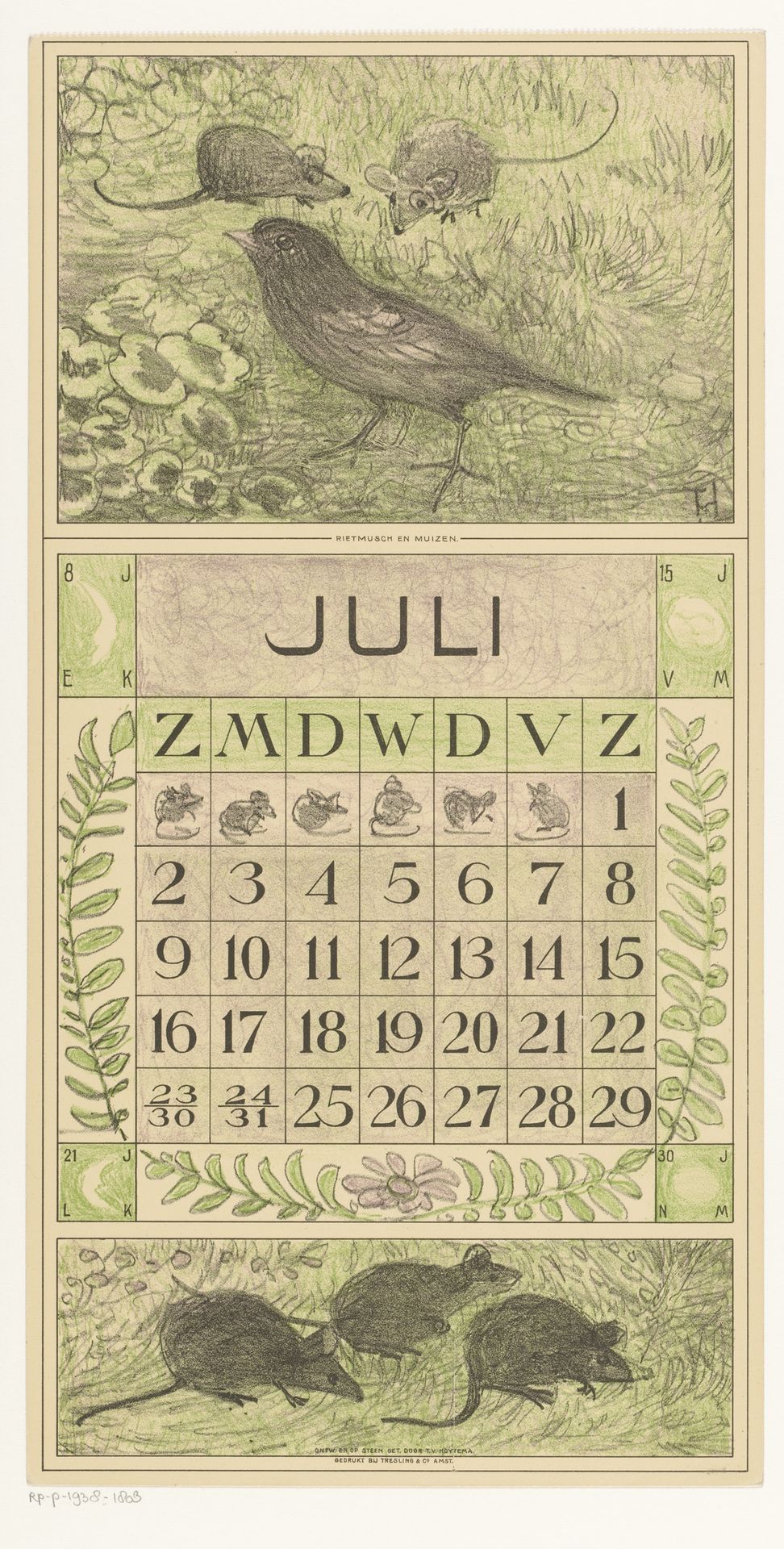 Kalenderblad juli met vogel en muizen by Theo van Hoytema