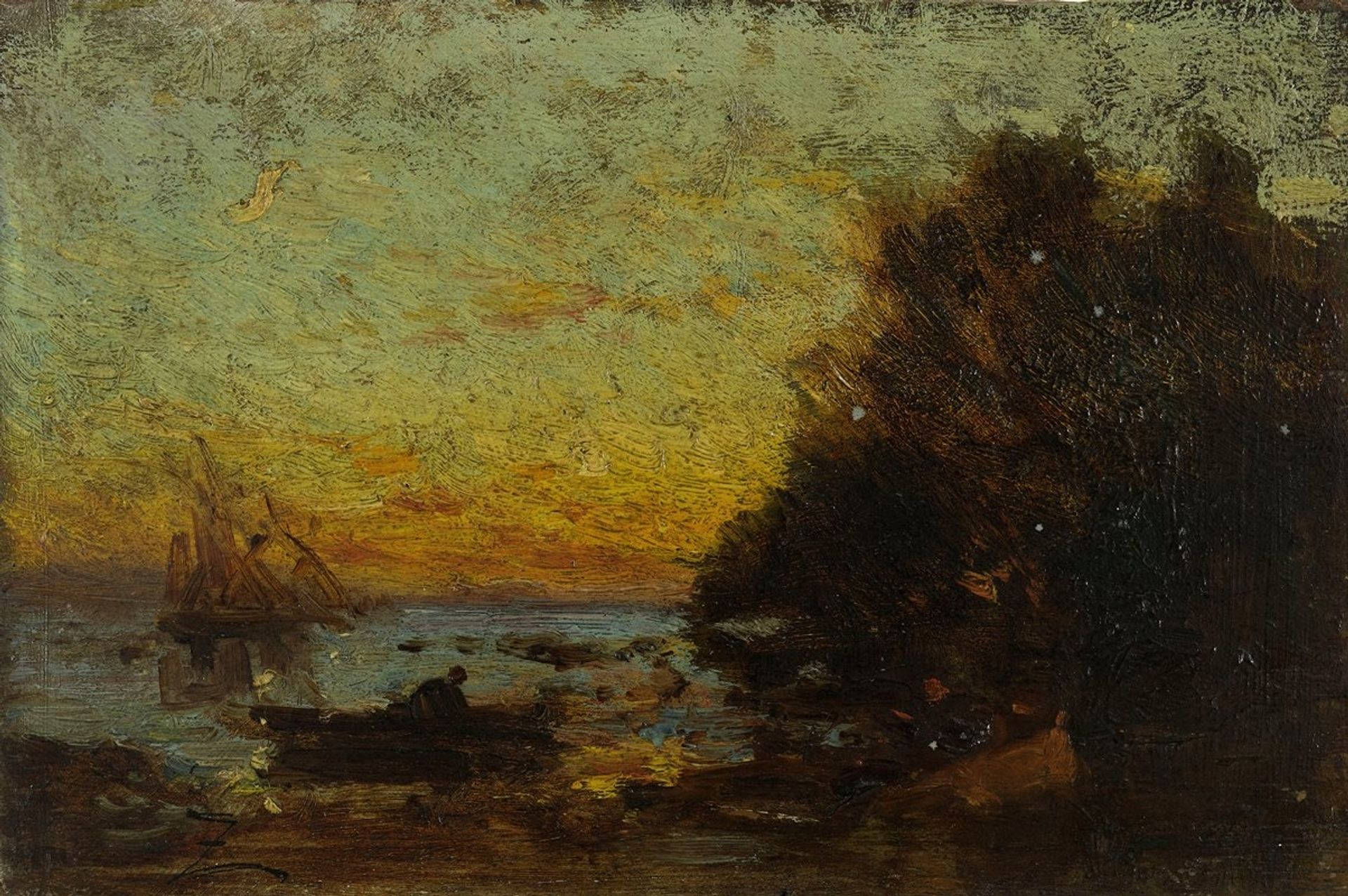 Barque et voiliers, coucher de soleil. Au revers; Marine by Félix Ziem