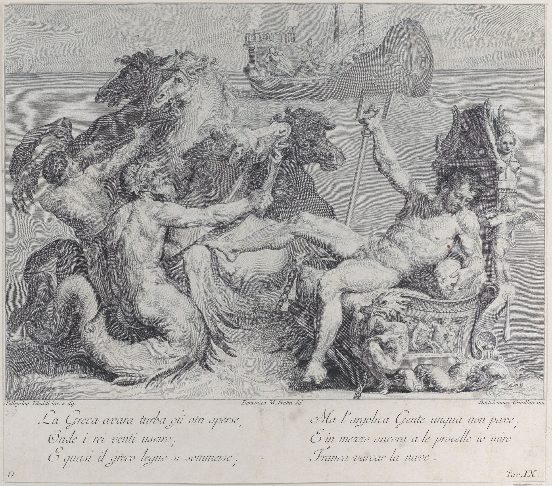 Plate 9: the Greeks opening the bag of wind, thinking there is gold inside, driving their vessel to the island of Circe by Bartolomeo Crivellari