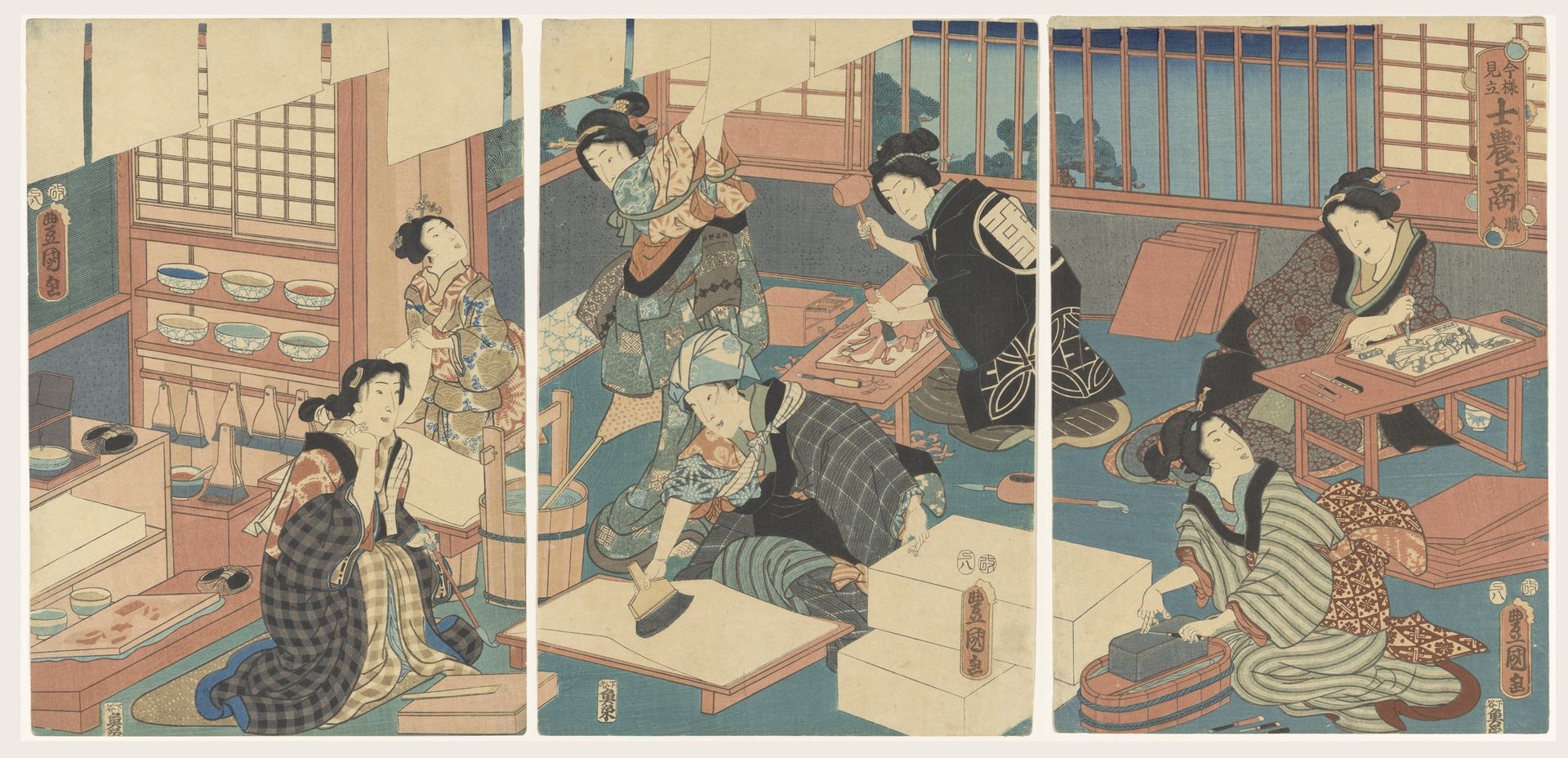 Vrouwen maken prenten by Utagawa Kunisada