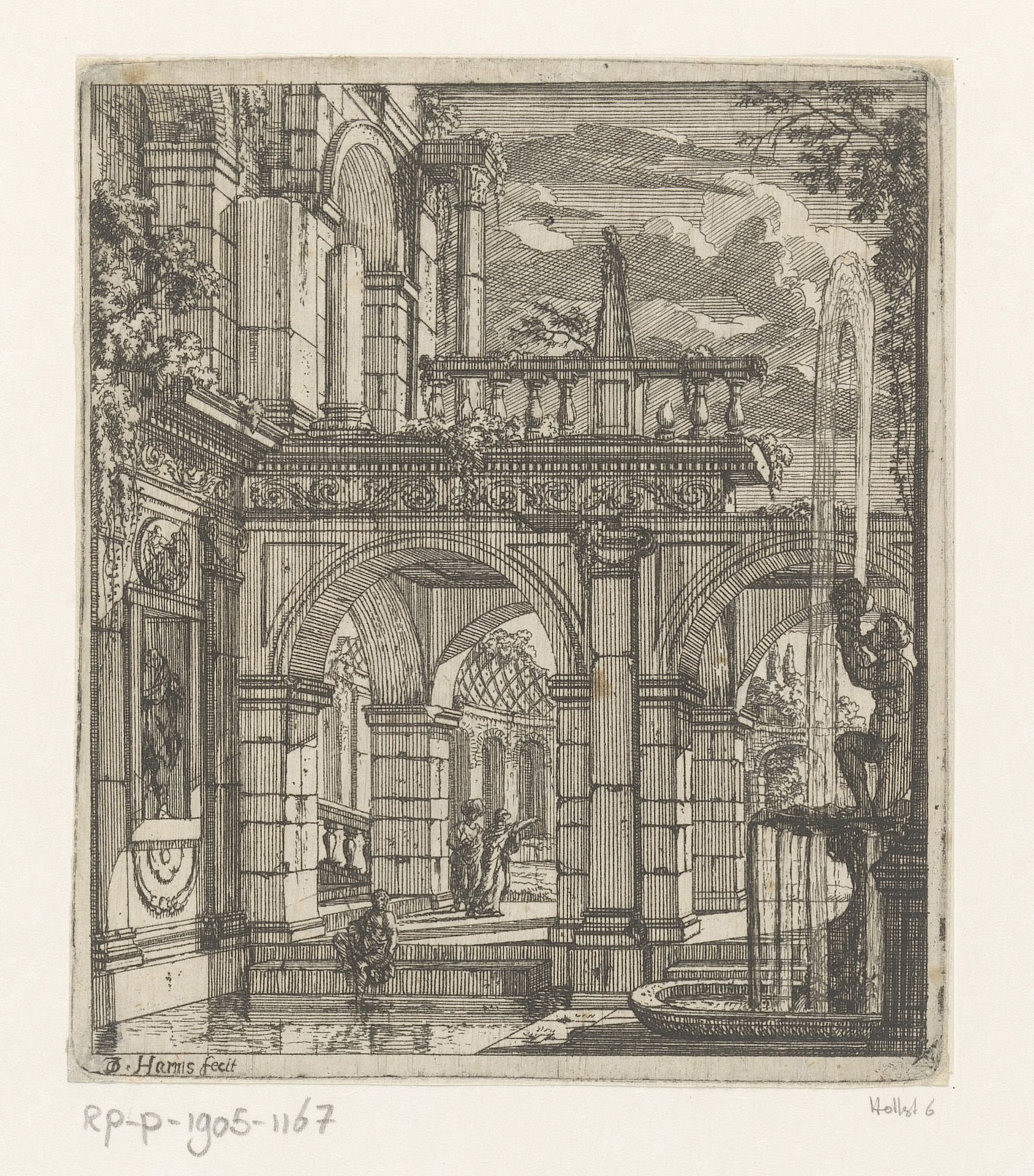 Gezicht op een antiek gebouw met fontein by Johann Oswald Harms