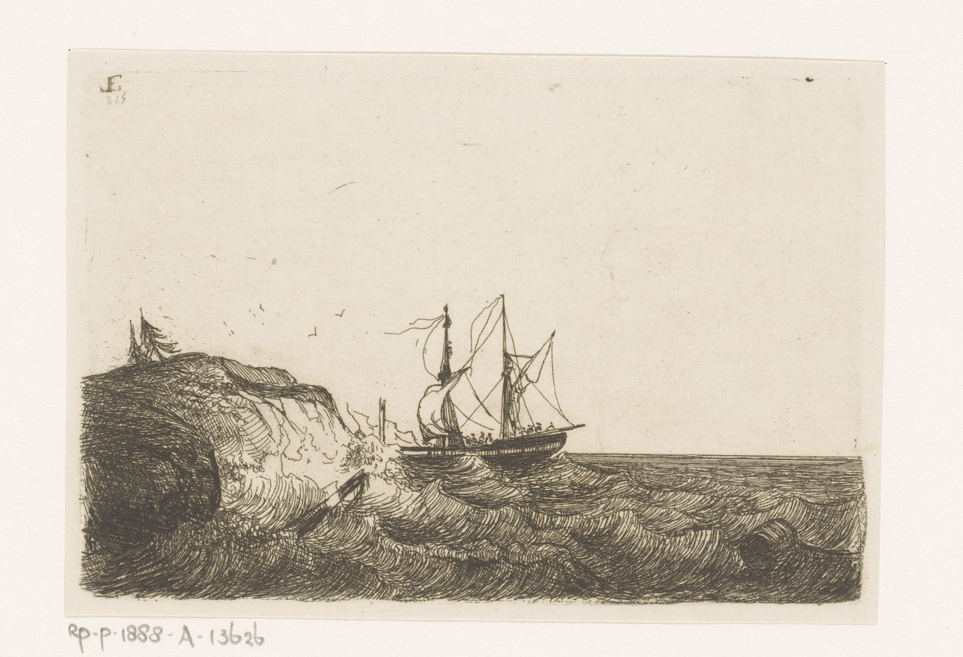 Tegen de kust verongelukt zeilschip by Egidius Linnig